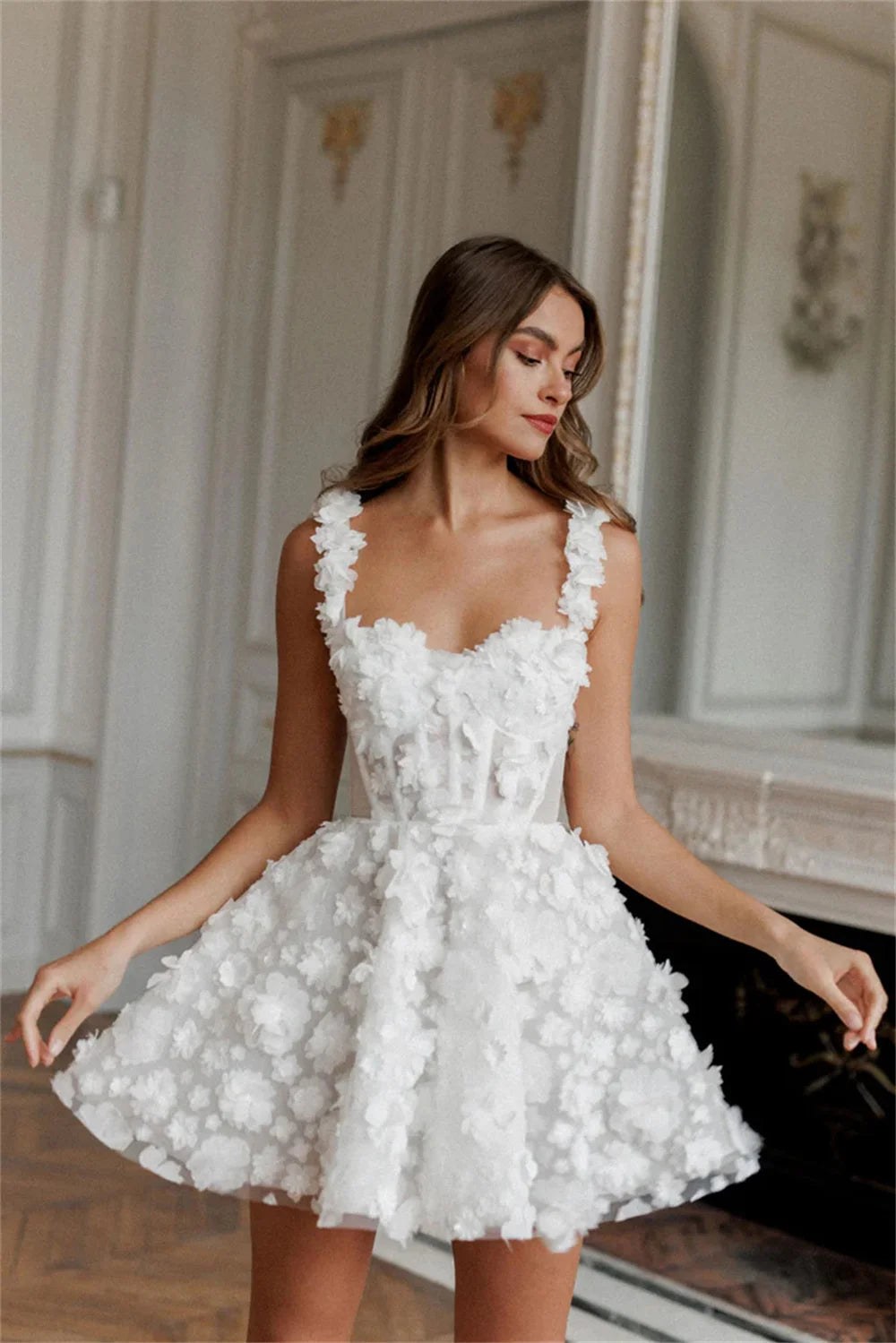 Elegant Two Strap Mini Wedding Dress with Full Lace & Floral Embroidery - Perfect for Beach Weddings, Elopements, and Romantic Vow Renewals