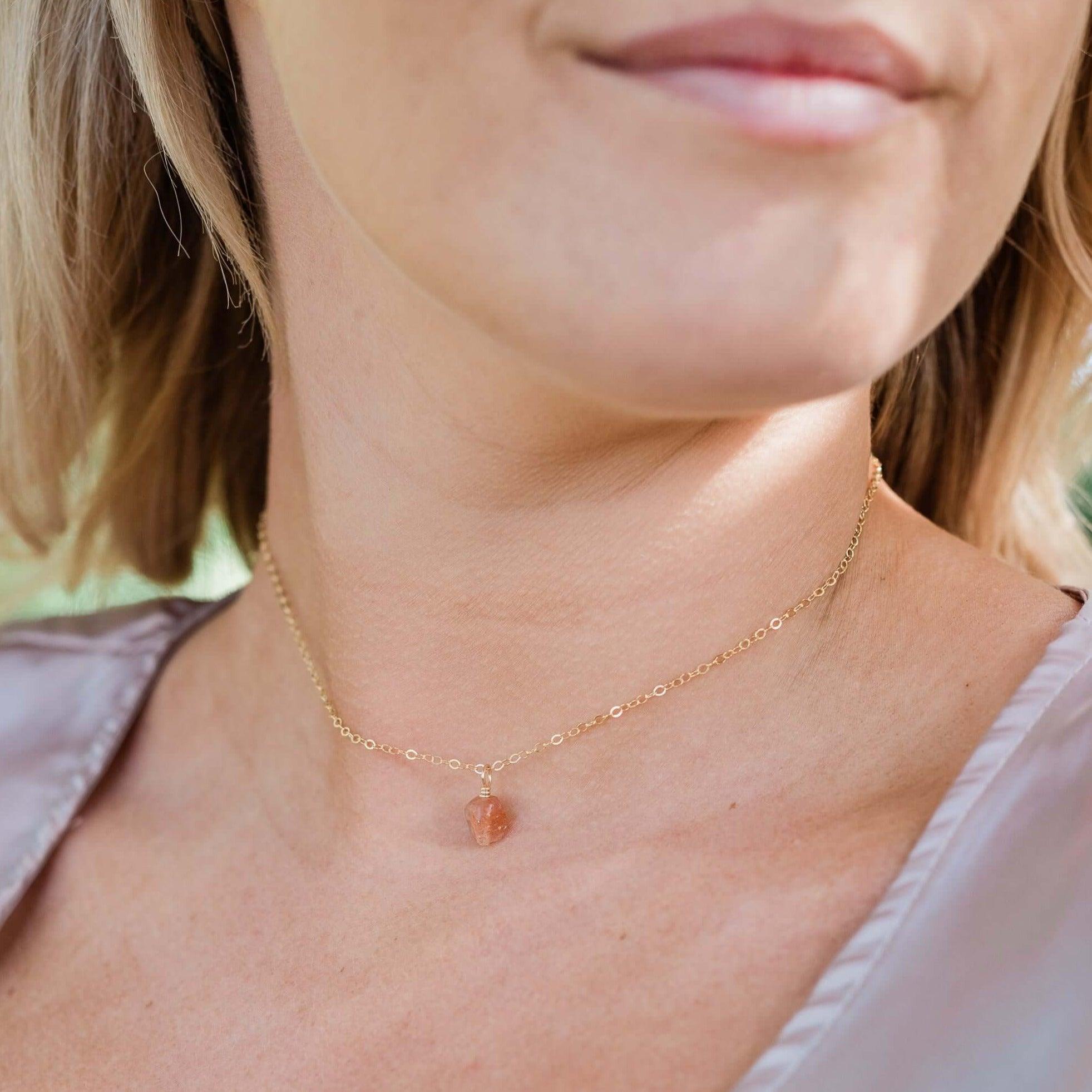 Natural Tiny Rough Sunstone Gemstone Pendant Choker Necklace for Women - Boho Crystal Healing Jewelry for Energy Balance & Spiritual Protection | Perfect for Yoga, Meditation & Everyday Wear