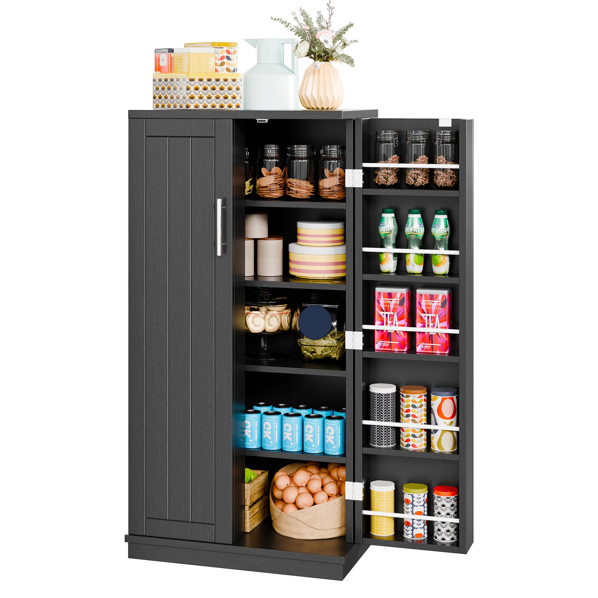 Meilocar 47-Inch Wooden Pantry Cabinet with Adjustable Shelves & Doors - Freestanding Kitchen Storage Cupboard for Pantry, Living Room, Dining Room & Office (Black) | Perfect for Organizing Food, Dishes & Home Essentials