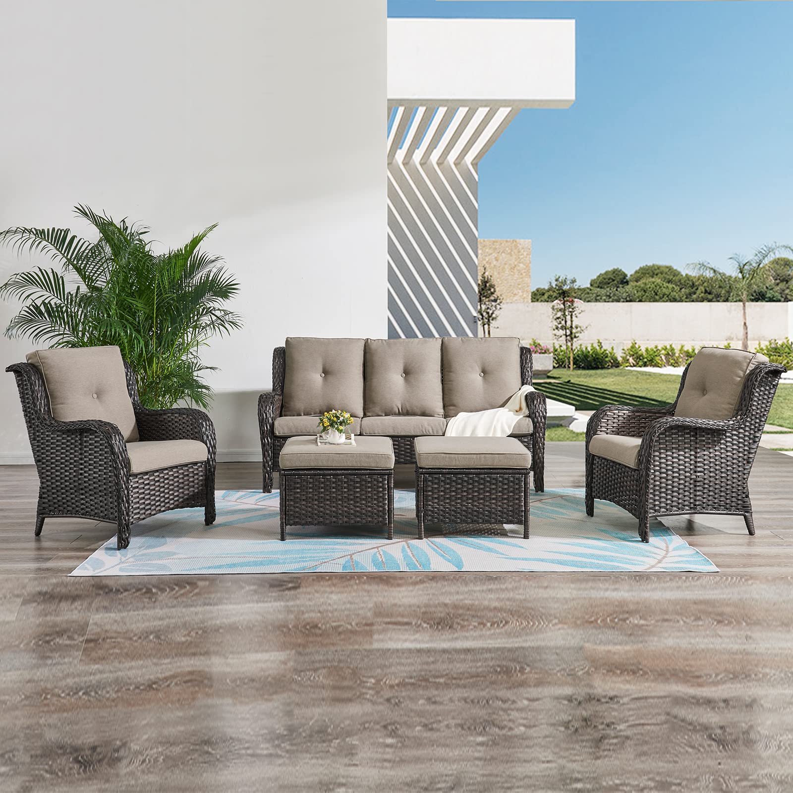 3-Seater Outdoor Patio Sofa - Deep Seating Rattan Wicker Couch with Cushions for Garden, Porch & Backyard (Brown/Grey) - Perfect for Relaxing, Entertaining & Lounging in Your Outdoor Space