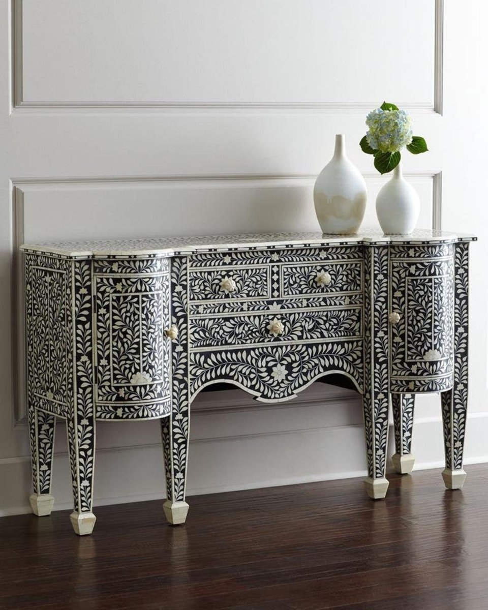 Handmade Bone Inlay Luxury Sideboard Buffet Table - Black - Perfect for Dining Room, Living Room, or Entryway Storage & Decor