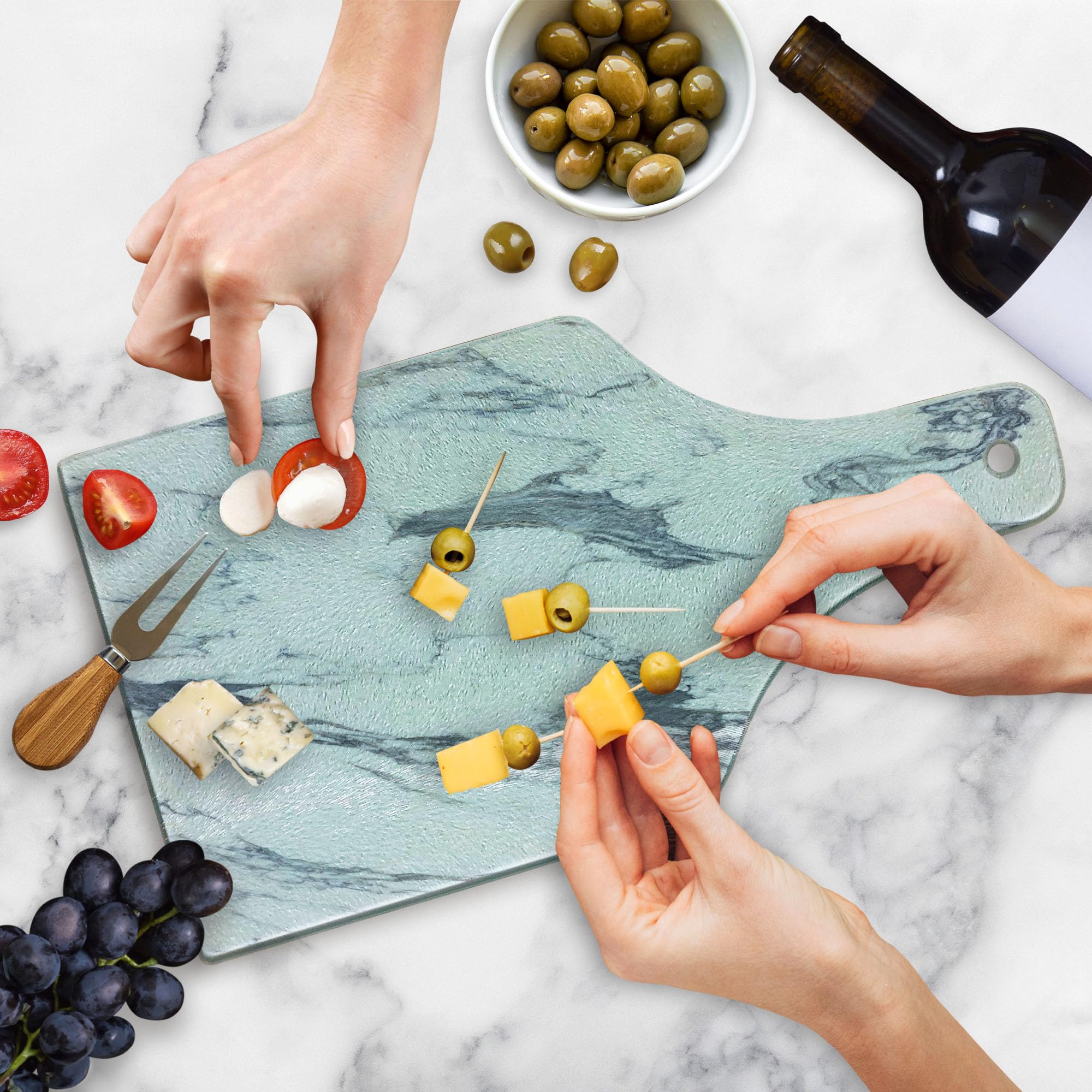 Ambesonne Marble Print Tempered Glass Cutting Board - Realistic Mineral Surface Design in Blue Grey White - Decorative Serving Board for Kitchen & Wine Bottle Display - Perfect for Entertaining, Charcuterie & Cheese Platters