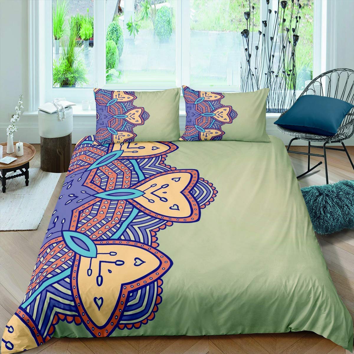 Mandala Pattern Queen Size Bedding Set - 3 Piece Mint Green Microfiber Duvet Cover with Pillowcases | Boho Chic Bedroom Decor for Master & Guest Rooms