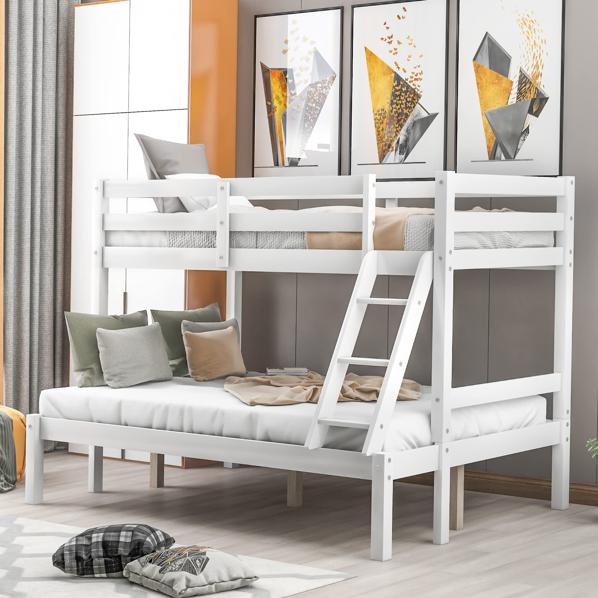 P PURLOVE Twin Over Full Bunk Bed Frame - Sturdy Wooden Slat Support, No Box Spring Needed, Includes Safety Ladder (White) - Perfect for Kids' Bedroom, Guest Room & Space-Saving Solutions
