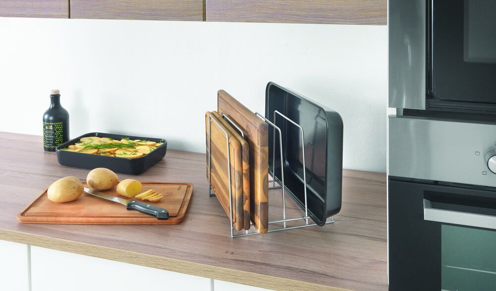 Premium 5-Section Bamboo Chopping Board Holder - Silver | Space-Saving Kitchen Organizer for Knives, Utensils & Cutting Boards | Perfect for Small Kitchens & Countertop Storage