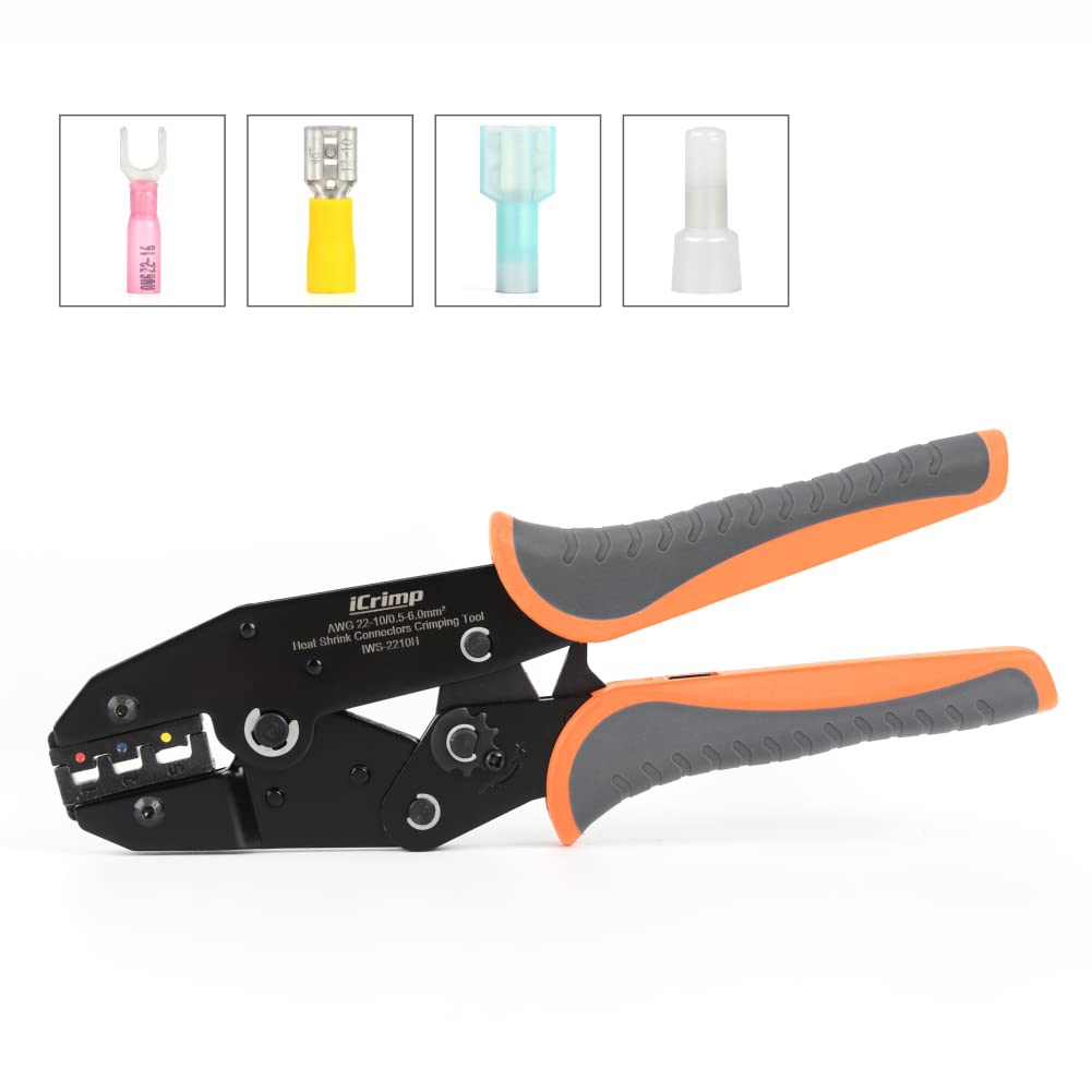 iCrimp Ratcheting Crimping Tool for AWG22-10 Wires - Professional Heat Shrink Connectors Crimper for Insulated Nylon & Electrical Wire Terminals - Perfect for DIY Electrical Projects, Automotive Wiring, and Home Repairs