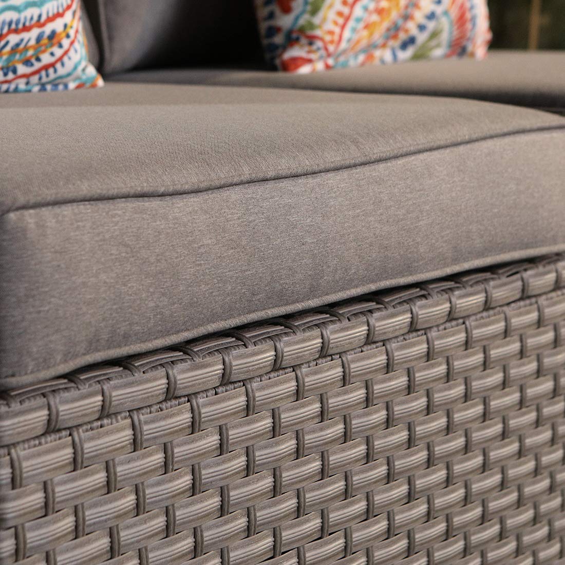 Outdoor Armless Chair for Wicker Sectional Sofa Set - Gray Thick Cushions & Floral Pillow | Patio, Garden, Poolside, Backyard Relaxation