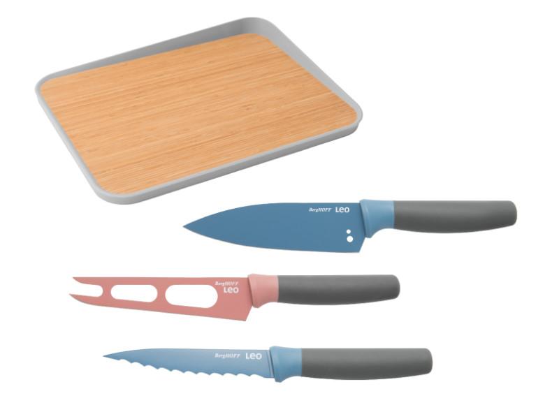 BergHOFF Leo 4-Piece Stainless Steel Knife Set with 16-Inch Bamboo Cutting Board - Multi-Colors for Professional Chefs & Home Cooking | Perfect for Meat, Vegetables & Fruits Preparation