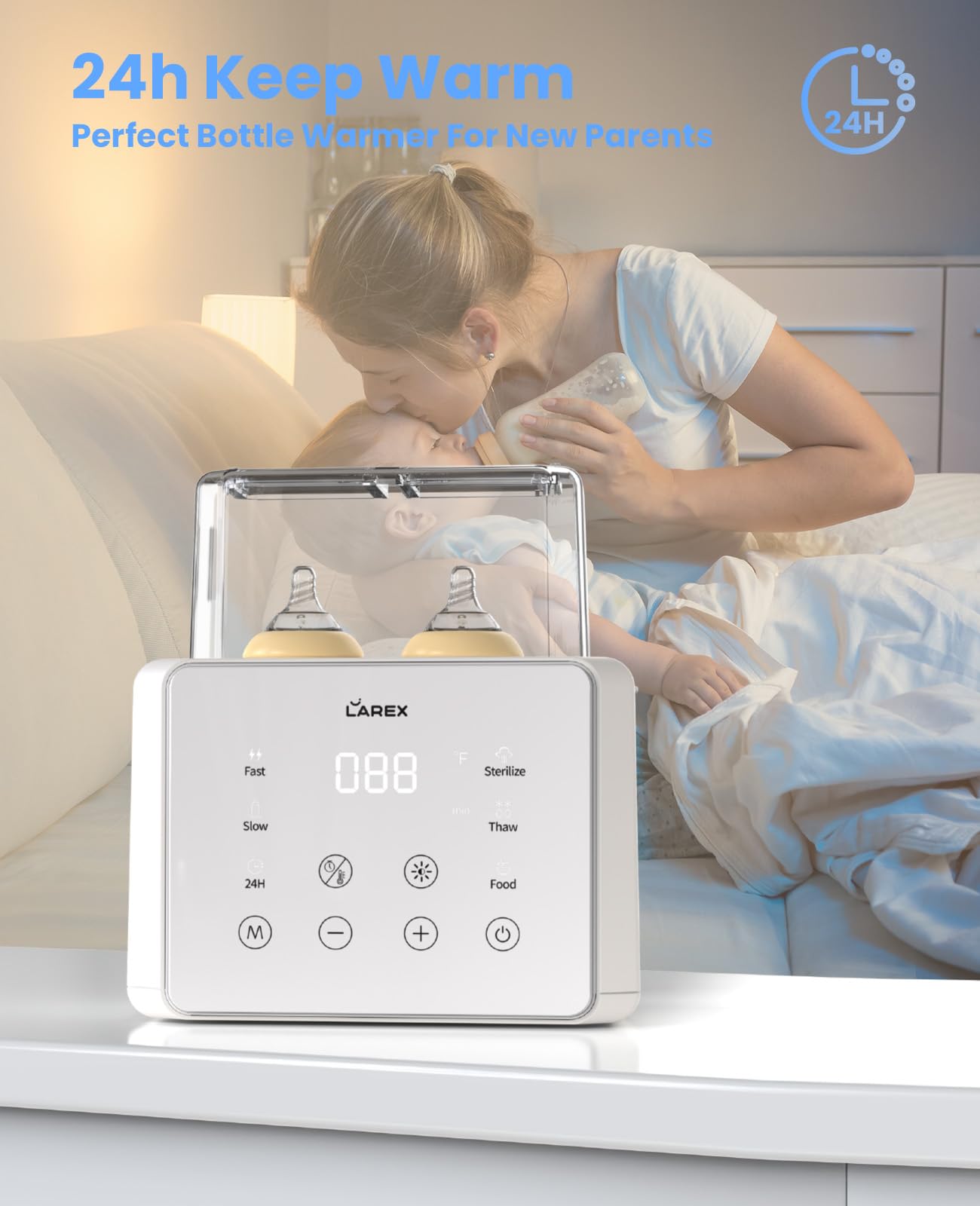 LAREX 11-in-1 Double Bottle Warmer for Breast Milk & Formula - Fast Heating with Timer, Accurate Temperature Control - Fits 2 Bottles - Thaw, Sterilize, Keep Warm & Heat Food - Perfect for Nursery, Travel & On-the-Go Parents