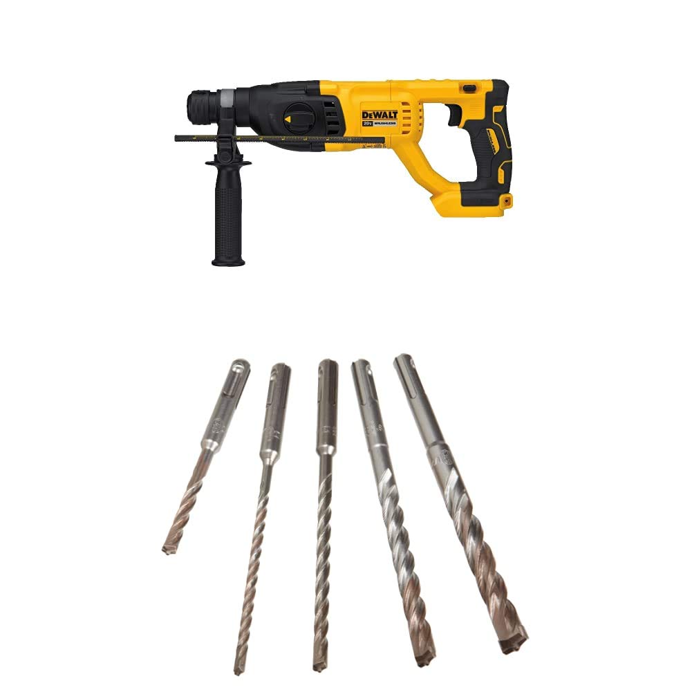 DEWALT DCH133B 20V Max XR Brushless 1-Inch D-Handle Rotary Hammer Drill (Tool Only) with DW5470 5-Piece SDS Plus Carbide Hammer Bit Set - Perfect for Concrete Drilling, Masonry Work, and Construction Projects
