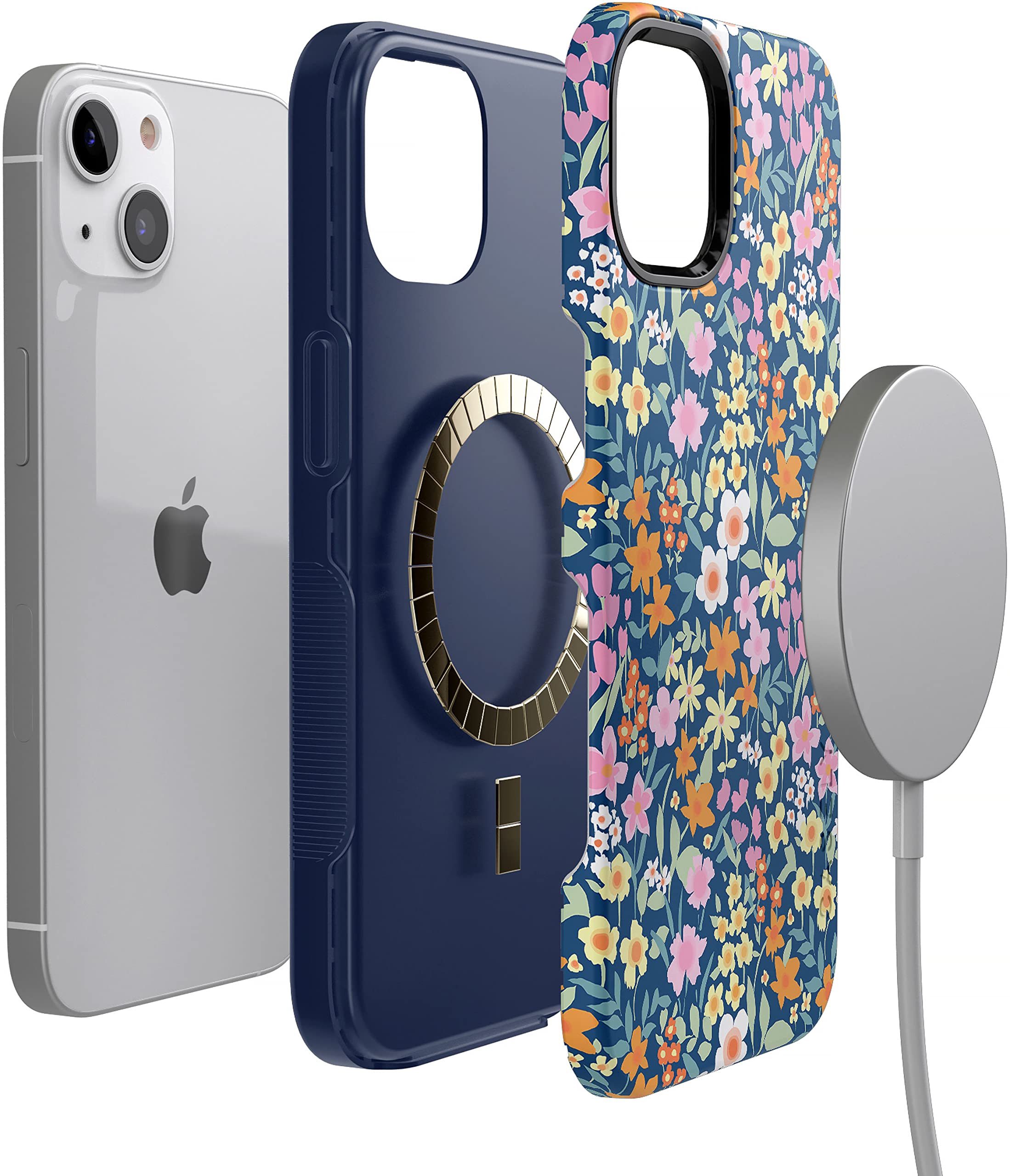 Casely iPhone 13 Case with MagSafe - Navy Blue Floral Design Protective Phone Cover | Perfect for Everyday Use, Work & Travel