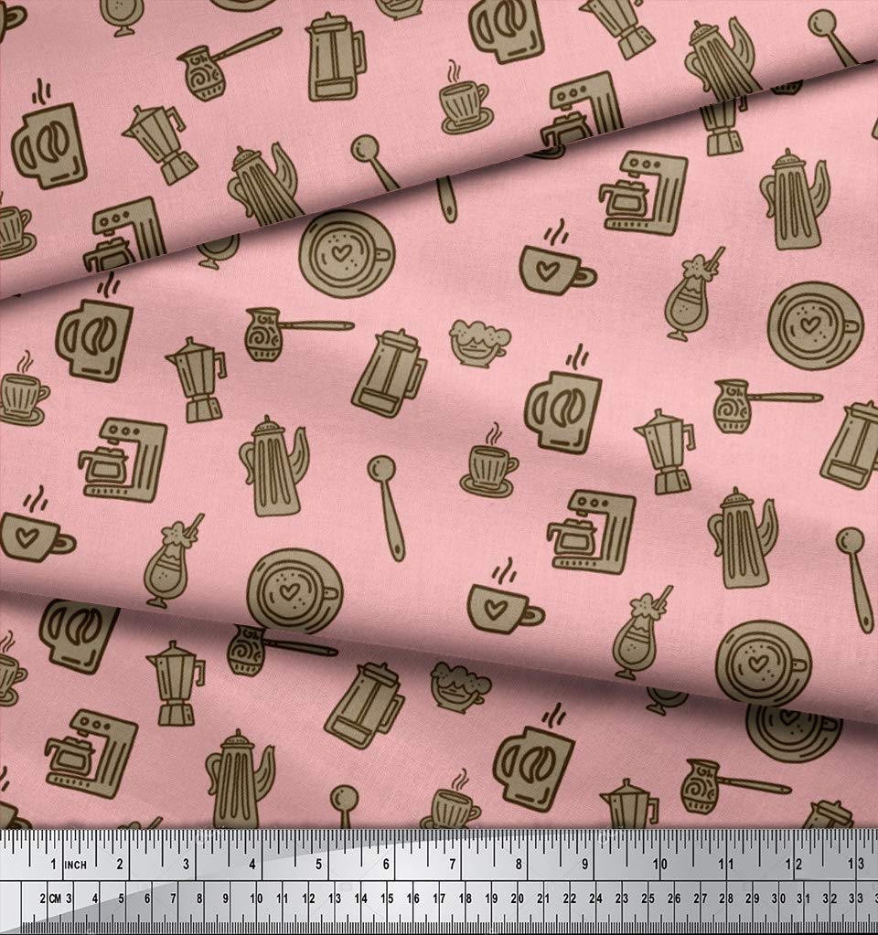 Soimoi Pink Cotton Jersey Fabric - 58 Inch Wide Printed Fabric for DIY Crafts, Quilting, Sewing & Home Decor | Coffee & Tea Themed Design for Kitchen Accessories, Aprons, Curtains