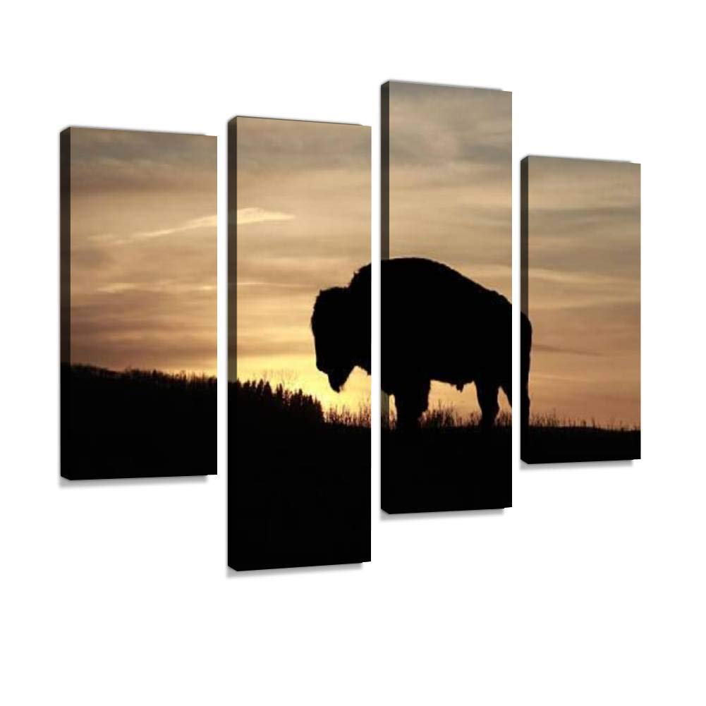 4 Panels Bison at Dusk Canvas Wall Art - Modern Framed Cattle Silhouette Paintings - Ready to Hang Home Decor for Living Room, Bedroom & Office