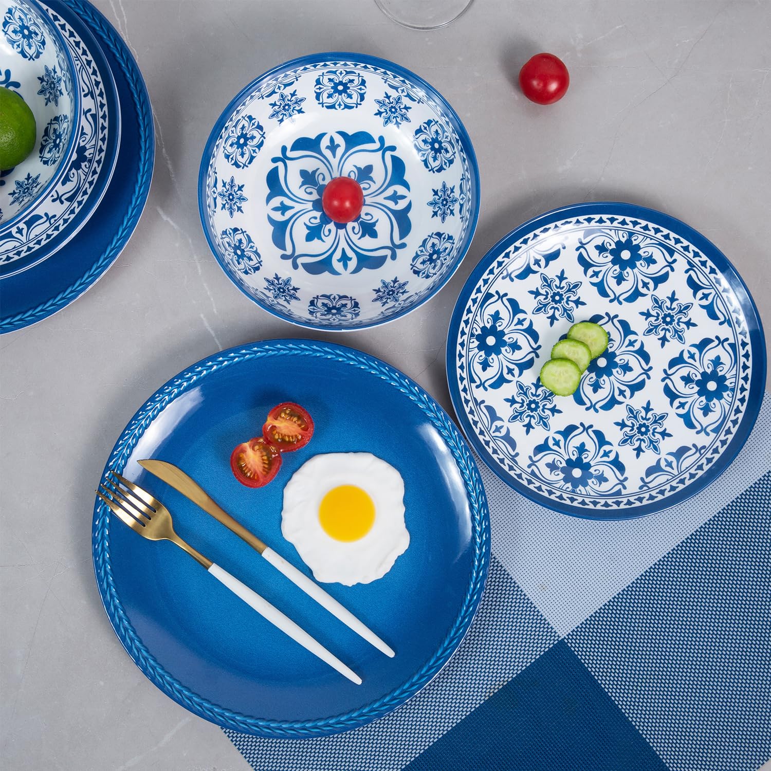 12-Piece Melamine Dinnerware Set - Durable Plates & Bowls for 4 People, Dishwasher Safe Blue Floral Design - Perfect for Outdoor Picnics, Indoor Dining, and Camping Trips