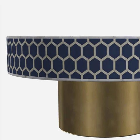 Handmade Navy Blue Bone Inlay Coffee Table with Brass Base - Modern Boho Living Room Furniture for Home Decor & Interior Design