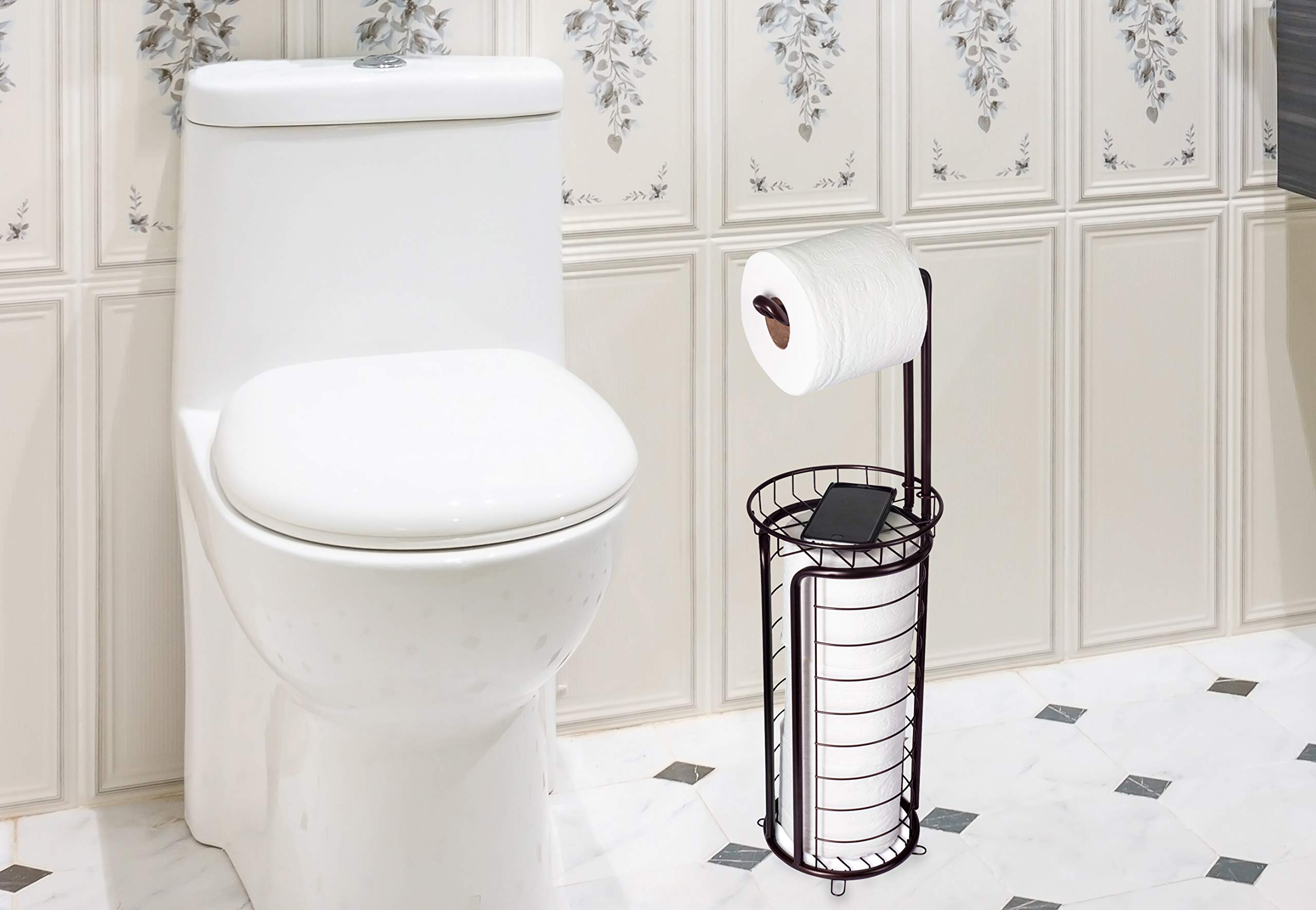 Free Standing Toilet Paper Holder with Storage Shelf - Bronze Bathroom Tissue Dispenser & Organizer - Perfect for Small Bathrooms, Powder Rooms, and RVs