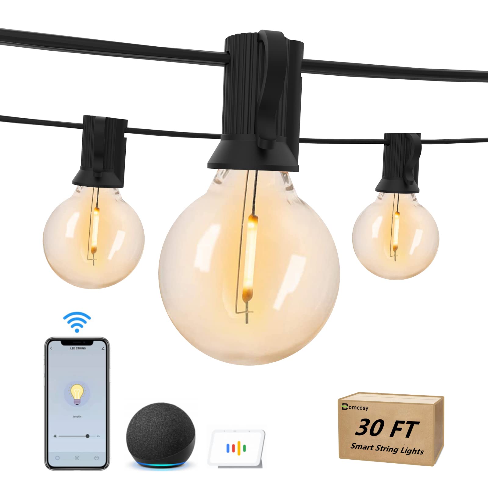 Bomcosy 30FT Smart Outdoor String Lights - Waterproof Shatterproof G40 LED Bulbs (15+1 Spare), 2.4GHz Wi-Fi & Alexa Control, Weatherproof Patio Lights for Garden, Backyard, Deck, Party & Wedding Decor