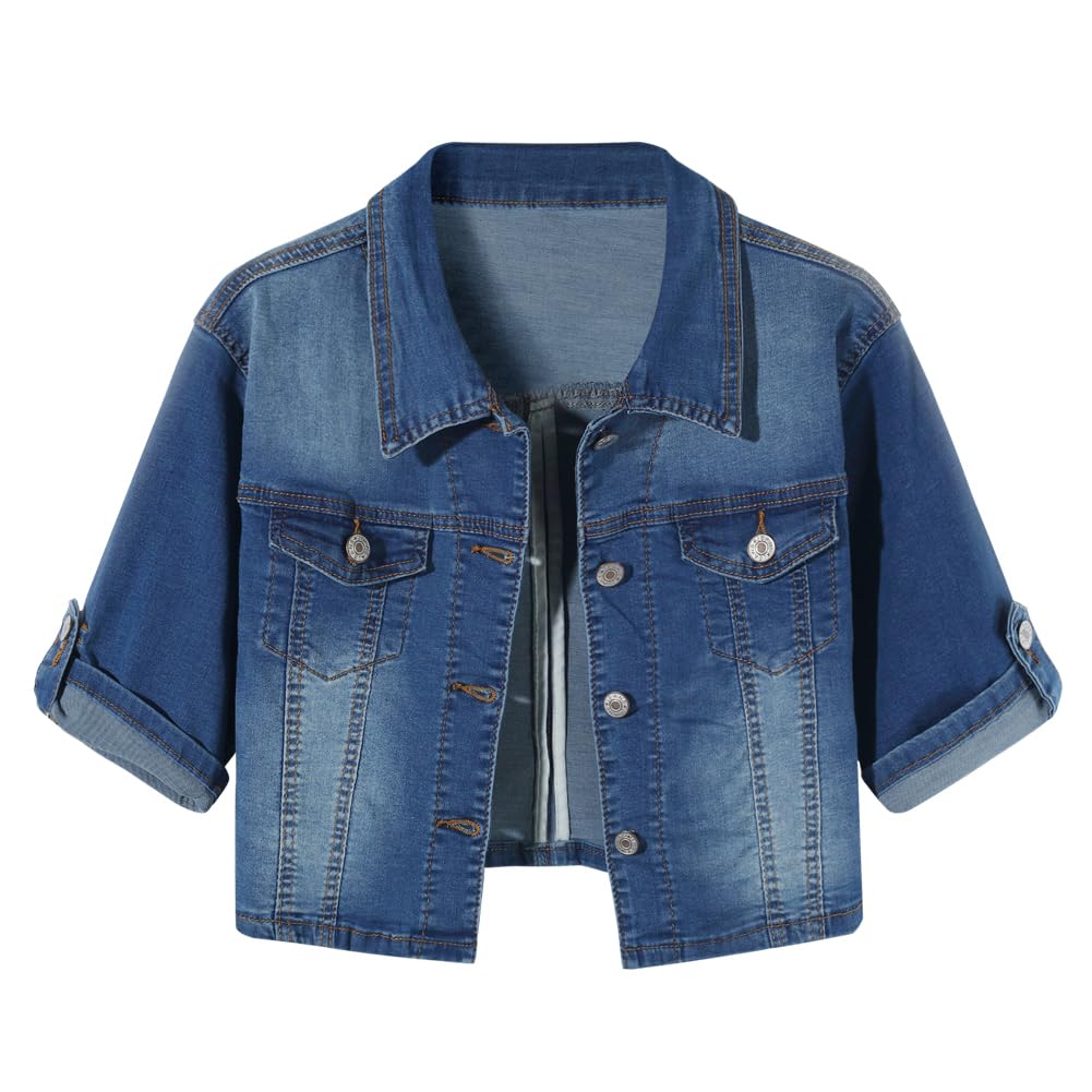 Women's Stretch Denim Jacket - Short Sleeve Button Down Jean Jacket with Shawl Collar | Casual Outfit for Spring & Summer | Perfect for Streetwear, Date Night & Outdoor Activities