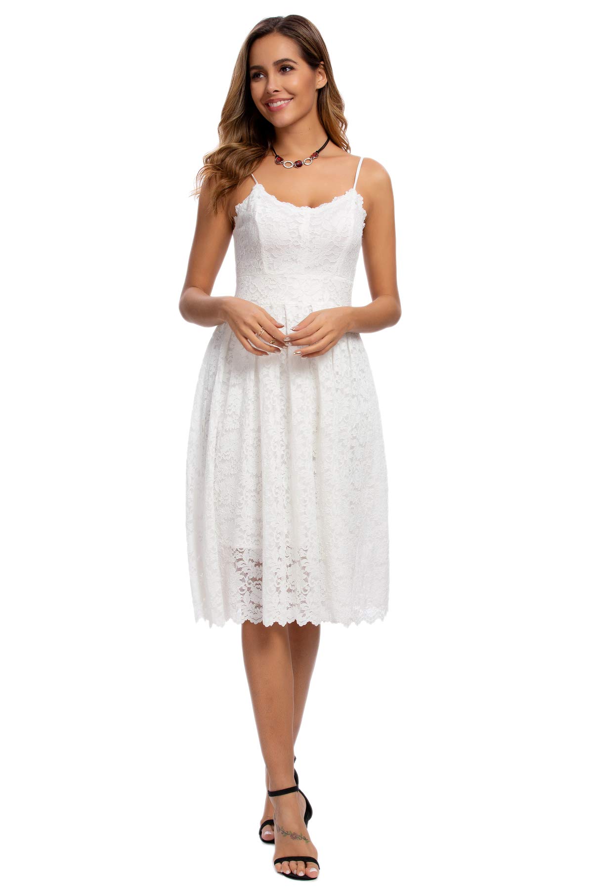 ATNLEWHI Women's Spaghetti Strap V-Neck Sleeveless A-Line Lace Dress - Elegant Cocktail Party, Formal Wedding Guest Dress for Evening Events & Special Occasions