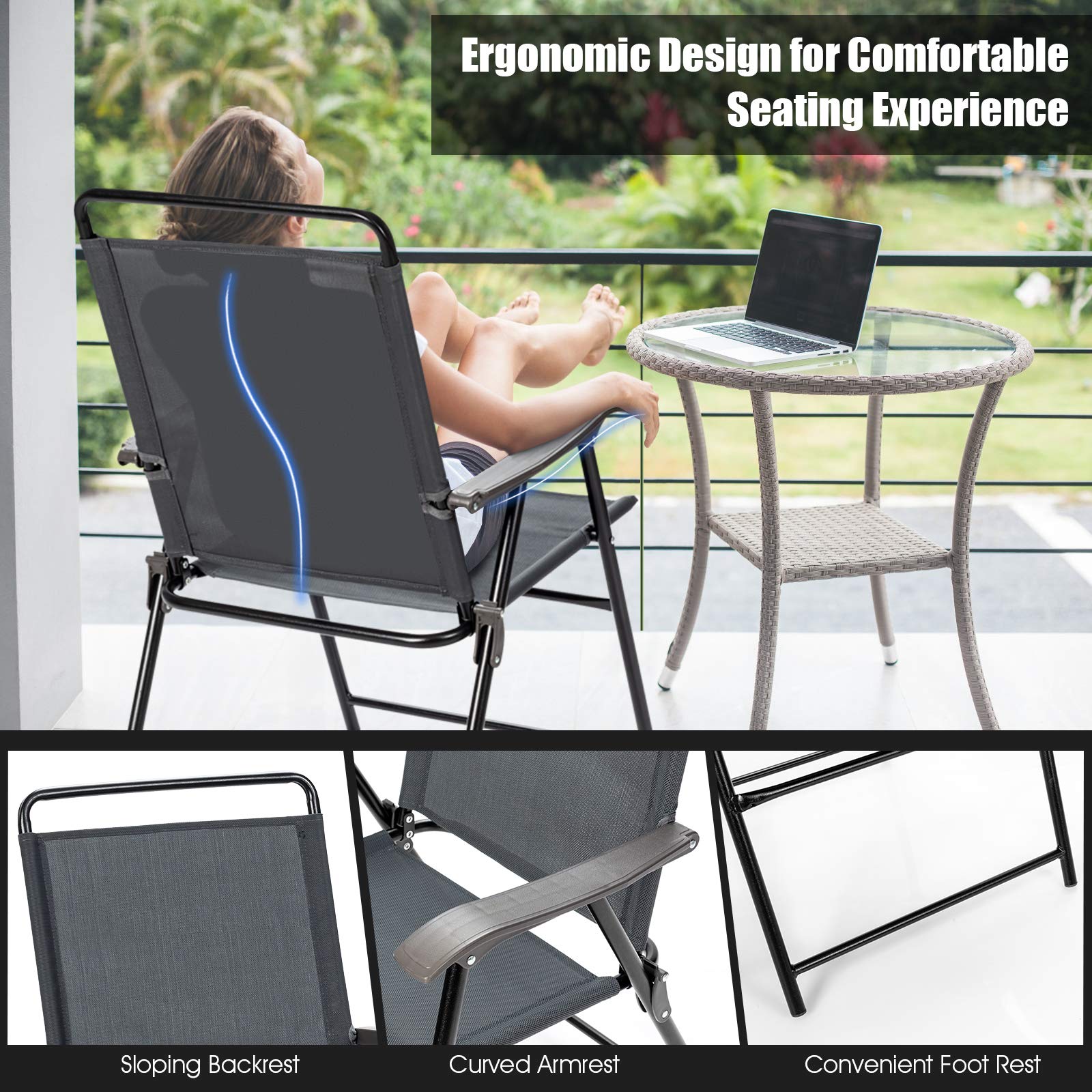 Giantex Set of 4 Folding Patio Chairs - Outdoor Dining Chairs with Sling Back Design for Front Porch, Beach, Garden, Backyard & Lawn - Portable & No Assembly Required (Grey) - Perfect for Outdoor Relaxation, Picnics & Entertaining Guests