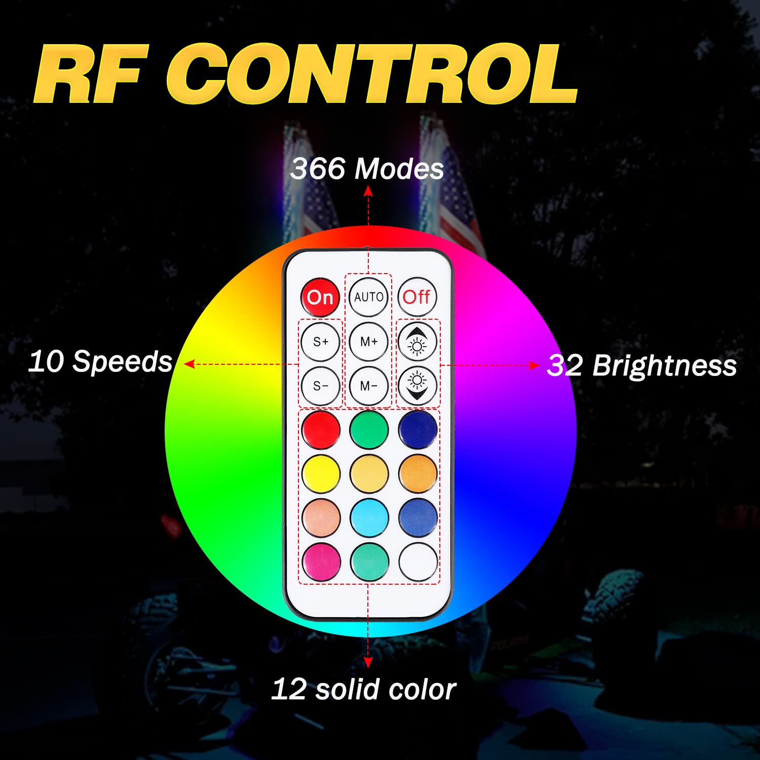3ft RGB LED Whip Lights 2 Pack - 360° Spiral RGBW LED Chasing/Dancing Antenna Lights with RF Remote Control for ATV, UTV, SXS | Compatible with Polaris Ranger, RZR XP1000, Can-Am X3, Yamaha, Kawasaki | Perfect for Off-Roading, Night Riding & Vehicle Customization