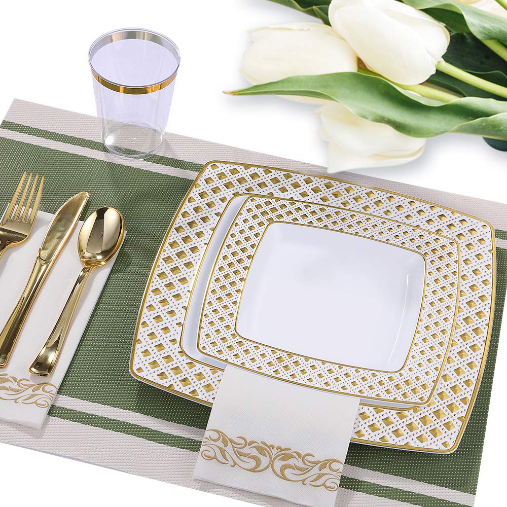 FOCUSLINE 175-Piece Gold Disposable Dinnerware Set for 25 Guests - Elegant Square Plastic Plates with Diamond Design - Includes 25 Dinner Plates, 25 Dessert Plates, 25 Napkins, 25 Cups & 25-Piece Silverware Set - Perfect for Weddings, Parties, Banquets & Special Events