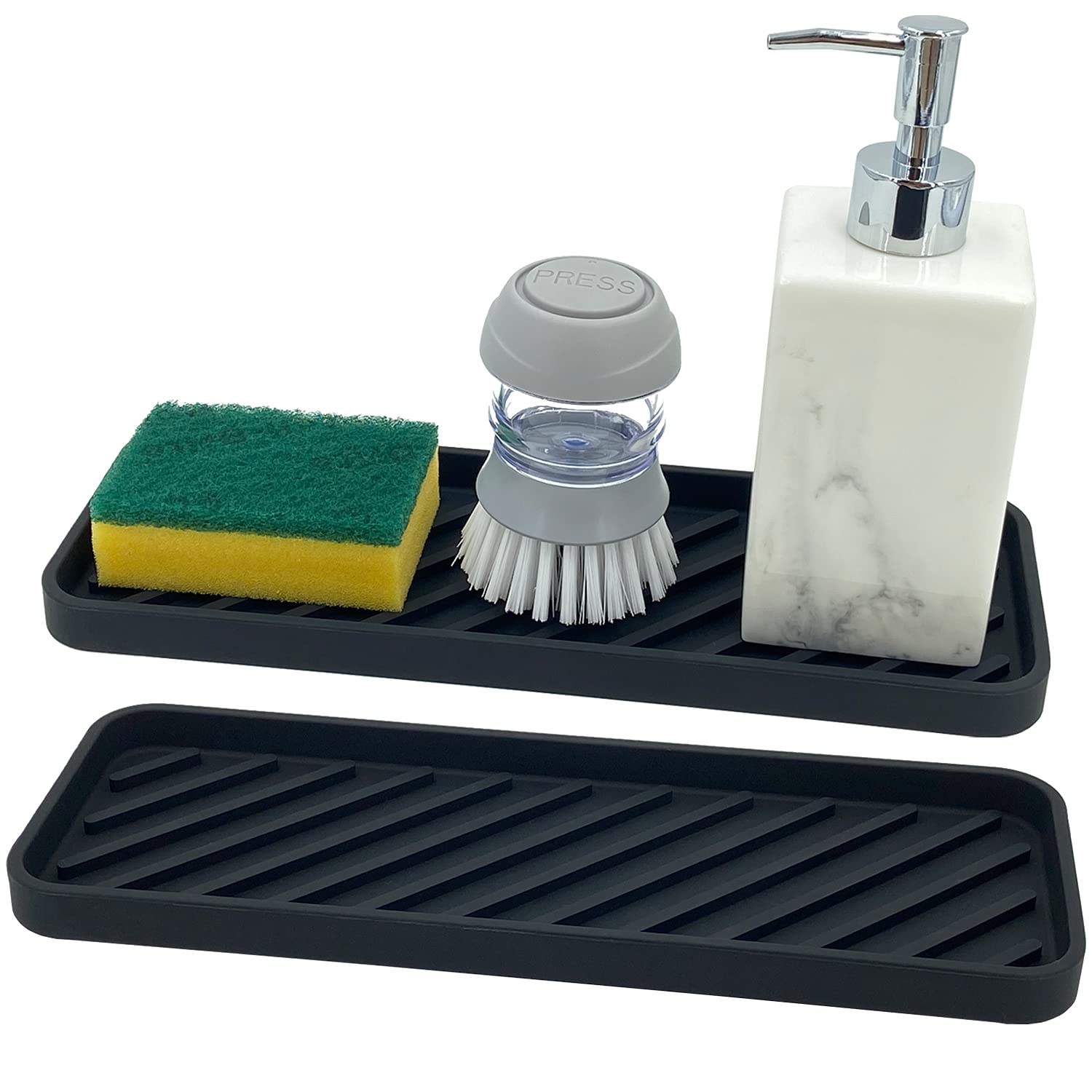 Lenphsco Silicone Kitchen Sink Organizer Tray (12x4) - 2 Pack Black Sponge Holder & Soap Dispenser Tray for Kitchen & Bathroom Sink Organization