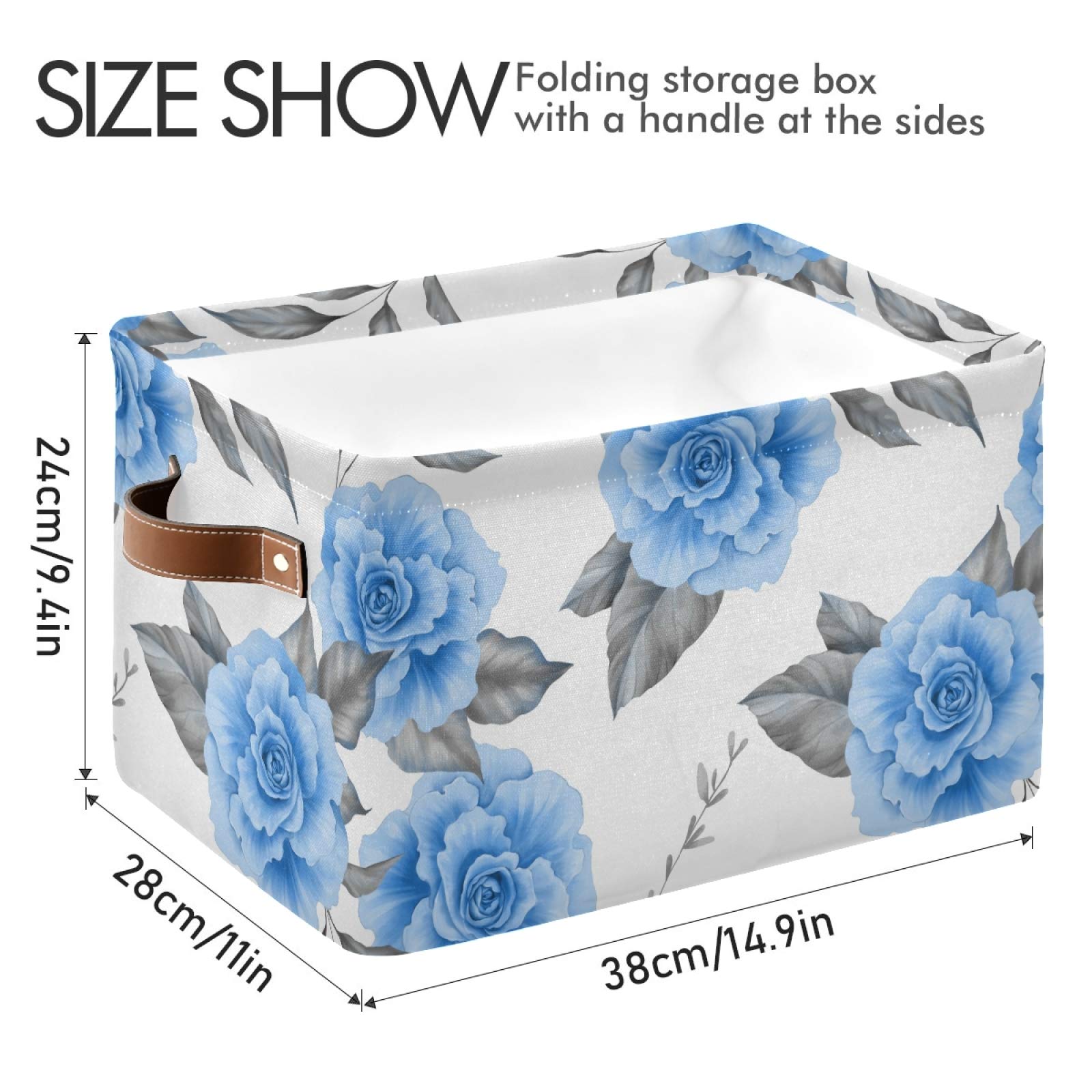 Floral Blue Roses Foldable Storage Bins - 2 Pack Collapsible Fabric Baskets with PU Handles for Home Organization | Shelves, Closet, Bedroom & Living Room Storage Solutions | Space-Saving Decorative Bins for Laundry, Toys & Blankets