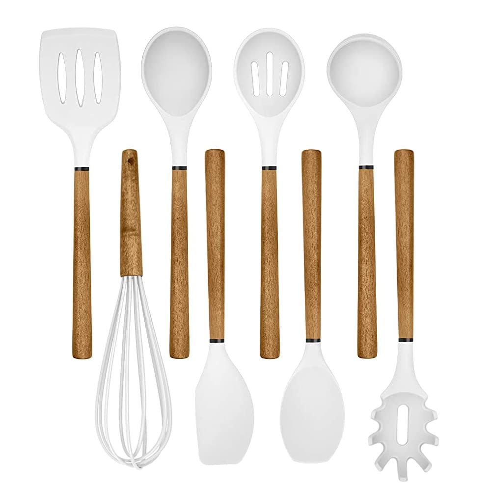 Non-Stick Silicone Cooking Utensil Set with Wood Handles - 8-Piece Kitchen Tools for Baking, Frying & Sauteing - Dishwasher Safe White Utensils for Home Chefs & Professional Kitchens