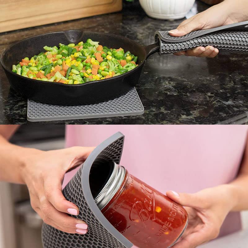 Extra Long Heat Resistant Silicone Oven Mitts Set - Heavy Duty Cooking Gloves & Hot Pads for Kitchen, Baking, Grilling - 14.7 Inch Grey (4-Piece) - Perfect for BBQ, Baking Cookies & Handling Hot Pots Safely