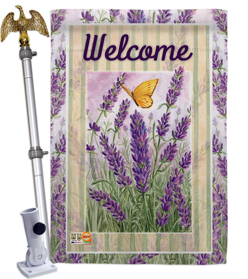 Lavender Floral House Flag Set 28x40 with Pole for Spring Decor