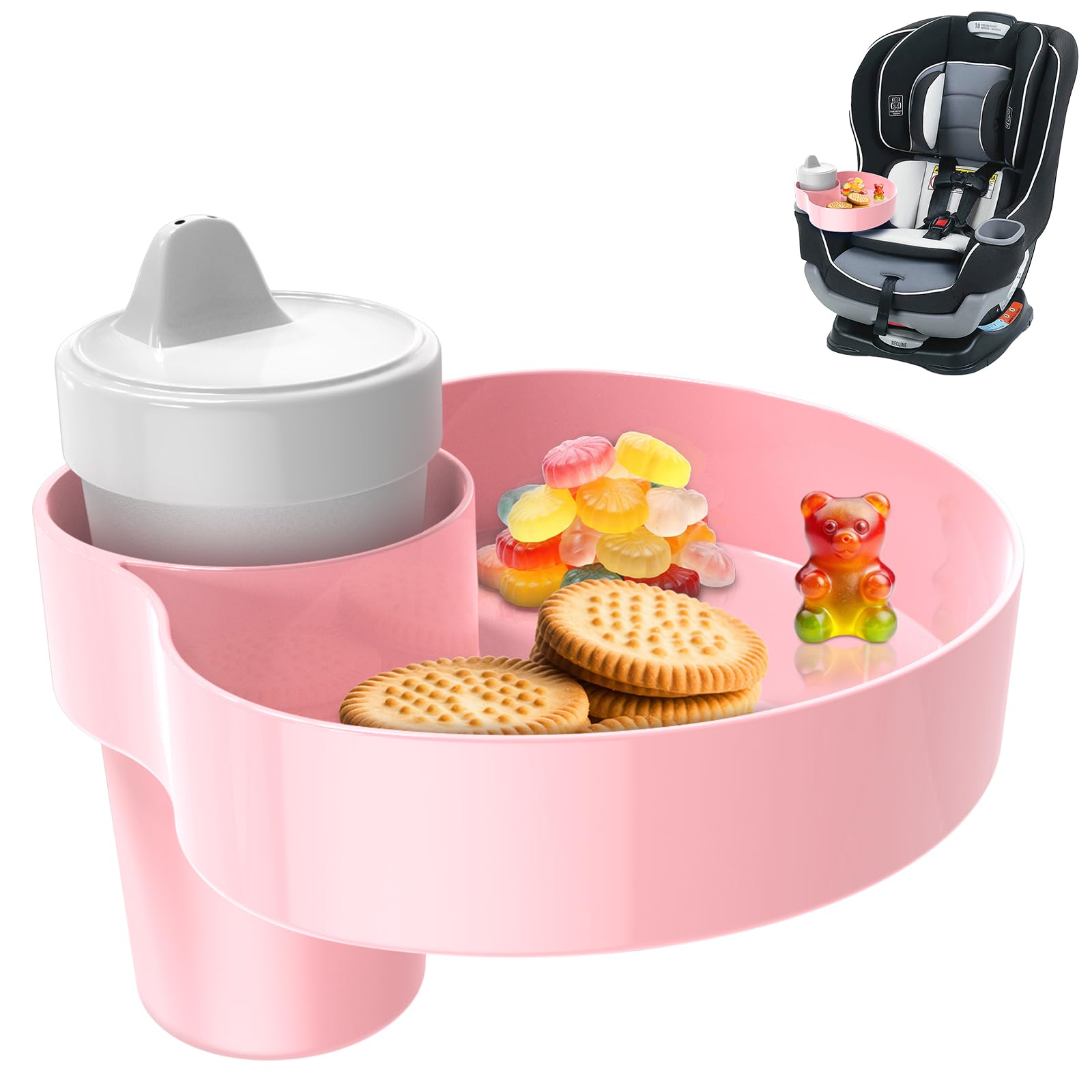 Car Seat Snack Tray for Kids - Portable Travel Food Tray with Cup Holder for Toddlers | Stroller & Car Seat Accessories | Road Trip Essentials for Children (Pink) - Perfect for Long Car Rides, Airplane Travel & Stroller Snack Time