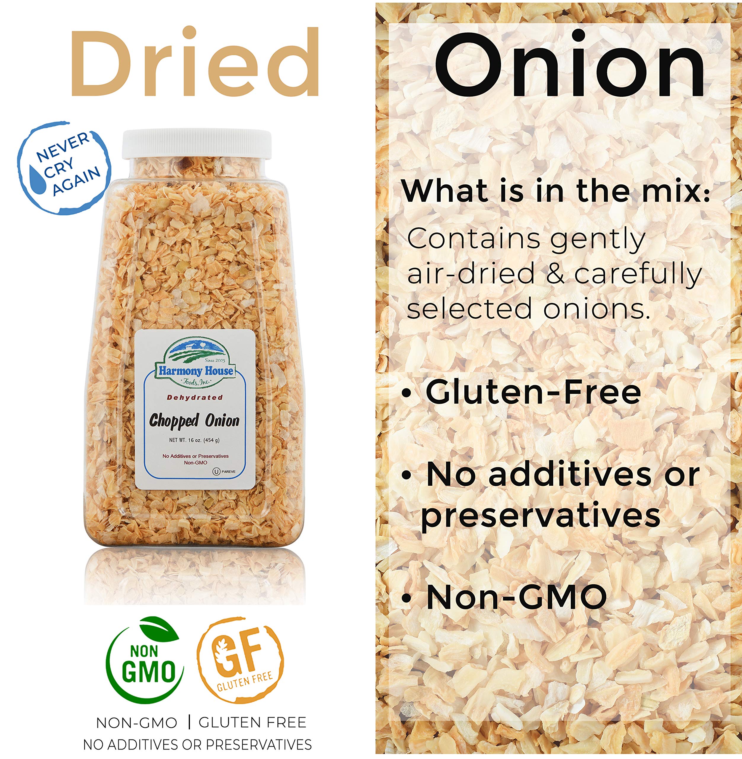 Harmony House Foods Dried Chopped Onions 16oz (1lb) - All Natural, No Preservatives - Perfect for Soups, Stews, Salads & Cooking - Resealable Quart Size Jar