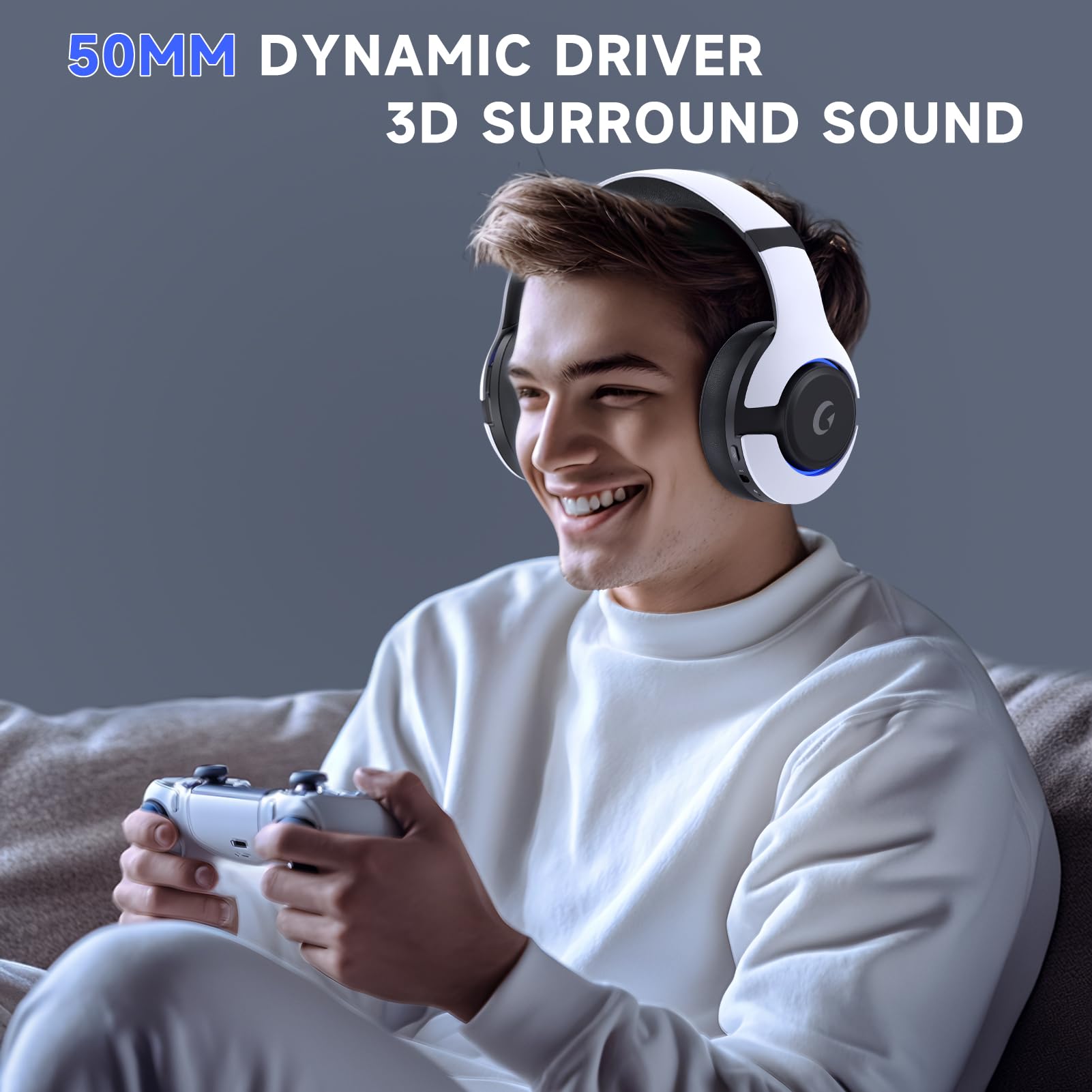 Wireless Gaming Headset for PS5, PS4, PC, Mac, Nintendo Switch - Bluetooth 5.3 Headphones with Noise Cancelling Mic, 45H Battery, RGB Lighting (White) - Perfect for Elden Ring, Fortnite & Online Gaming