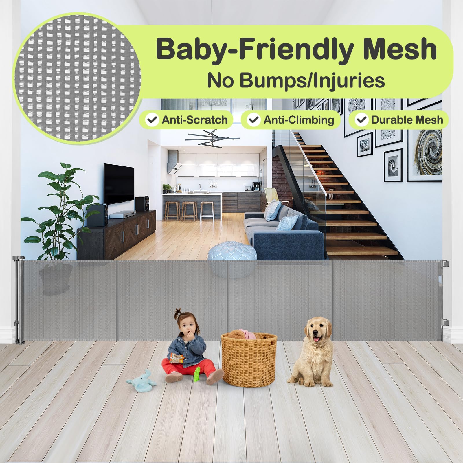 195 Inch Extra Wide Retractable Baby Gate & Dog Fence with Support Rods - 16ft Expandable Safety Barrier for Indoor/Outdoor Use | Prevents Crawling Under | Durable Gray Pet Gate for Stairs, Hallways & Doorways