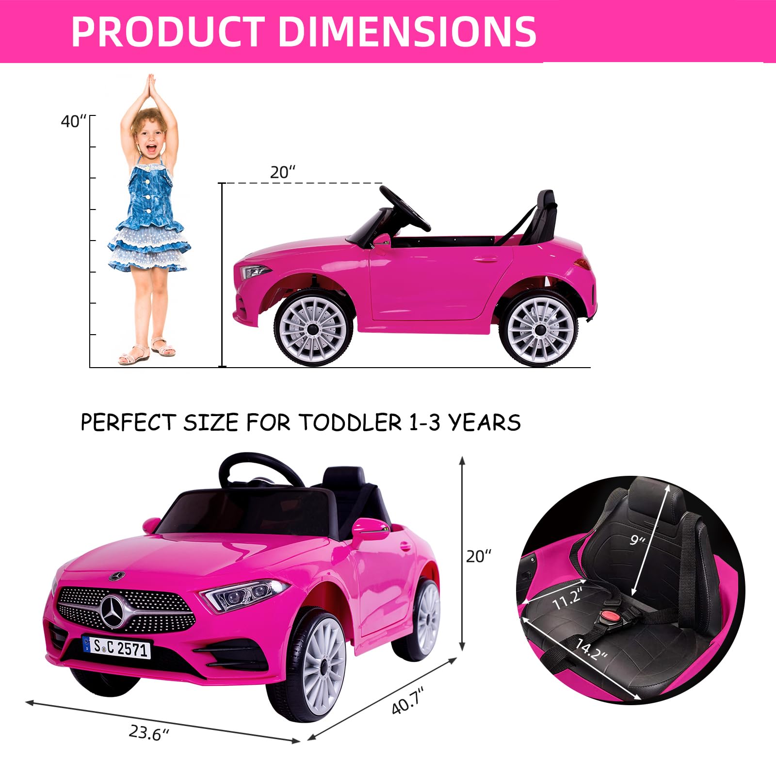 **12V Mercedes Benz Licensed Kids Electric Ride-On Car with Remote Control - Adjustable Speed, Safety Belt, Music & LED Lights (Pink) - Perfect for Outdoor Play, Birthday Gifts & Toddler Fun**