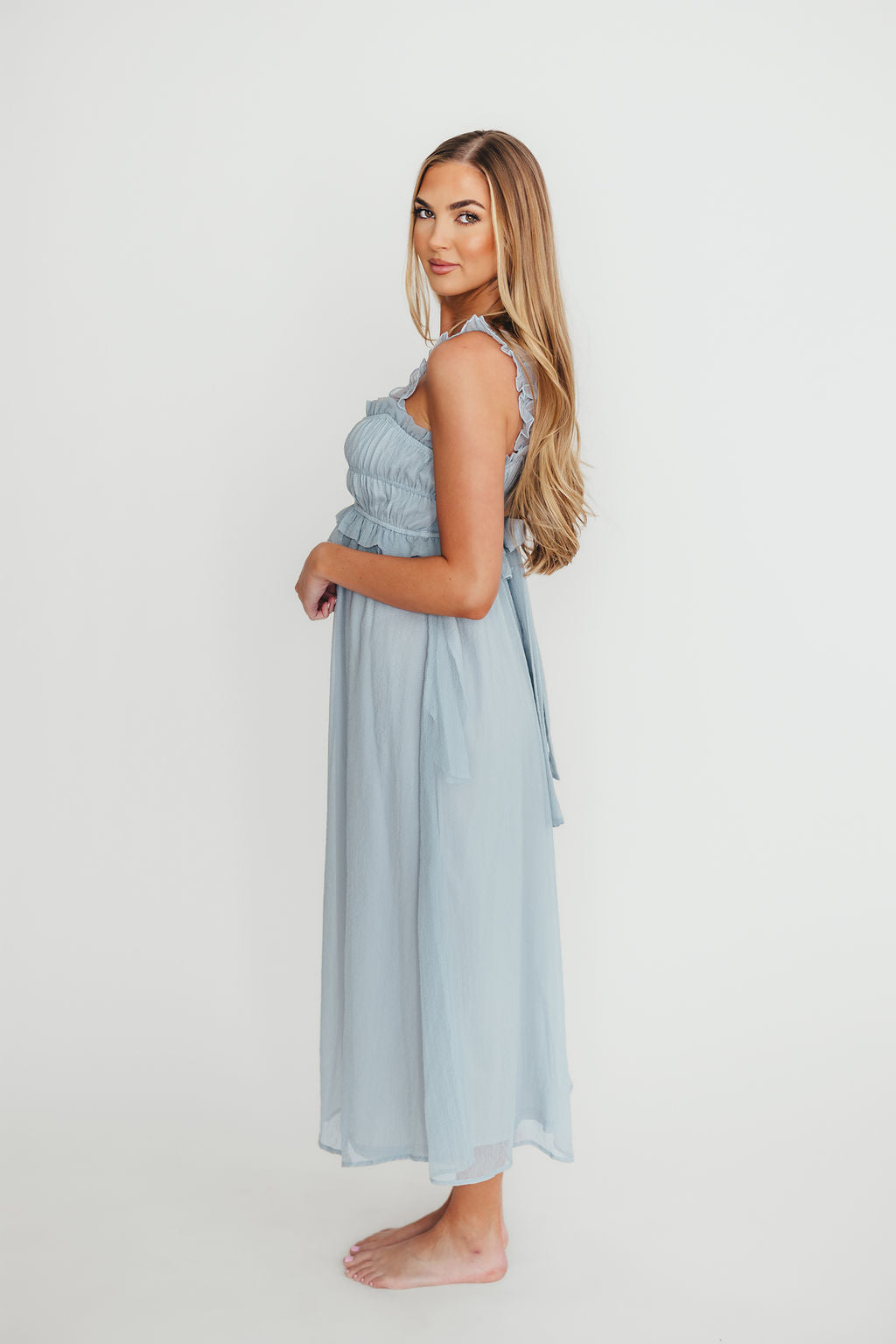 Elegant Blue Demi Ruffle Midi Dress for Women | Flowy Summer Dress for Beach, Wedding & Date Night
