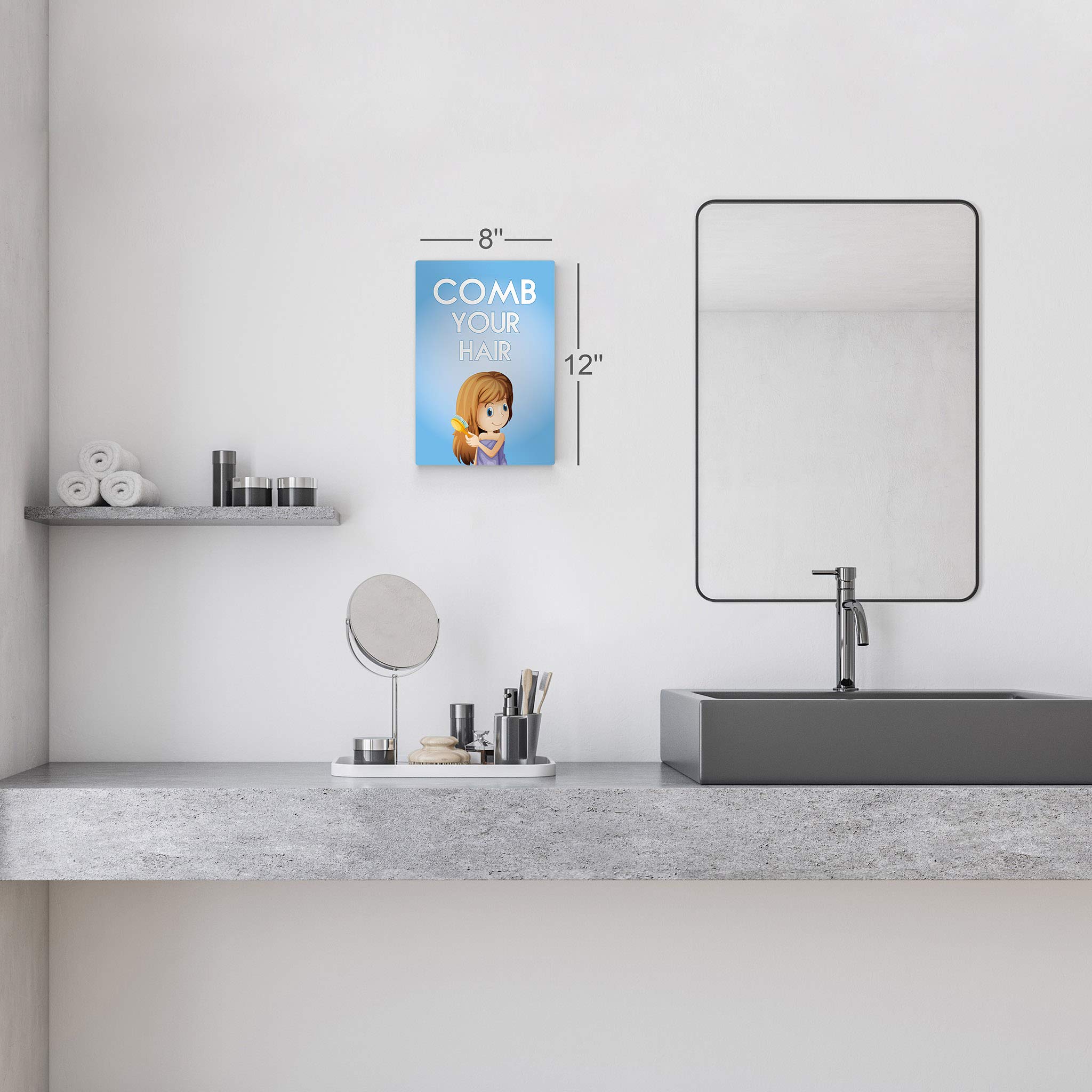 Smile Art Design 'Comb Your Hair' Quote Metal Print - Bathroom Wall Decor for Kids, Nursery & Home - Ready to Hang 30x20 Inches - Made in USA | Perfect for Bathrooms, Bedrooms & Playrooms