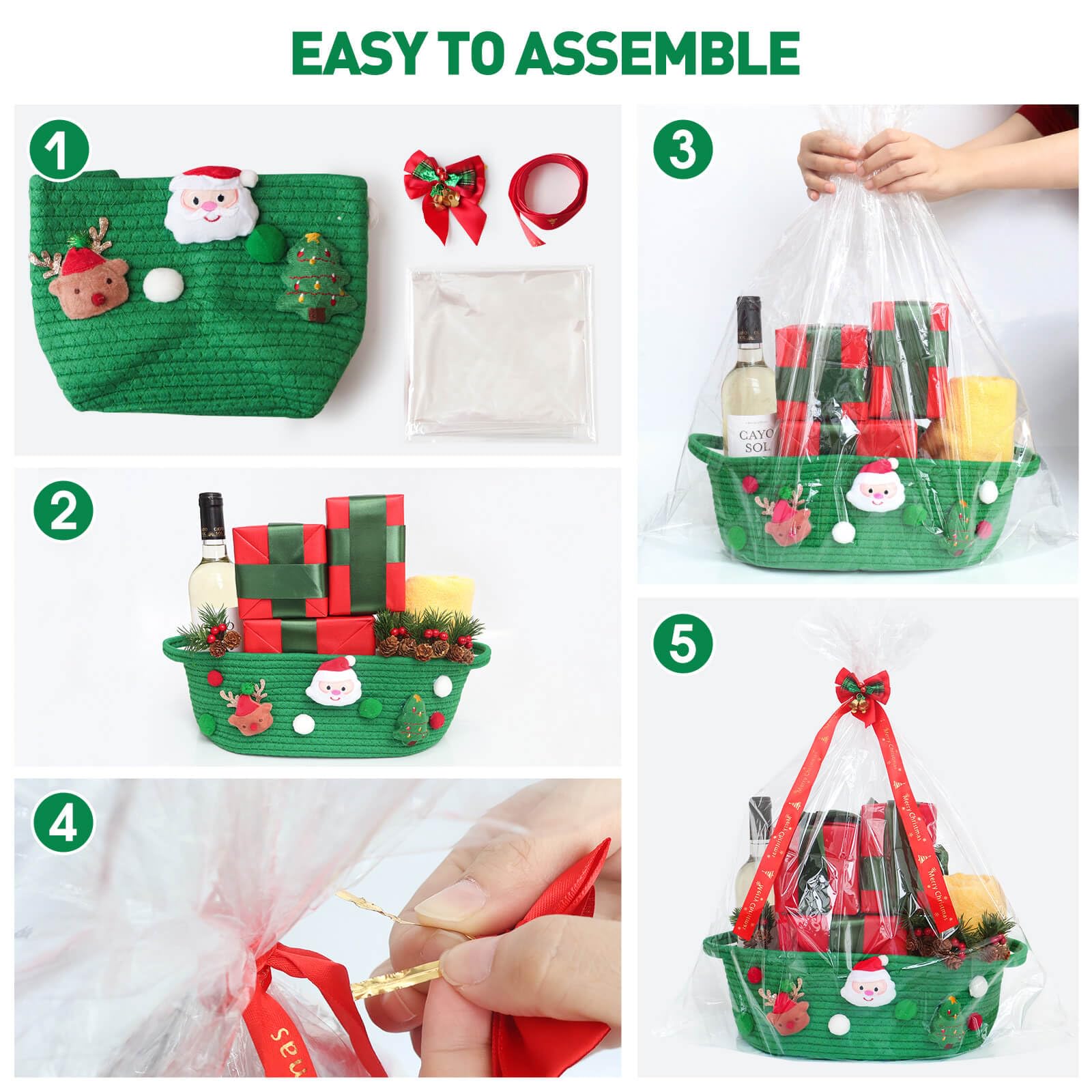 Christmas Gift Basket Set - Small Green Cotton Rope Basket with Gift Bag, Bow Ribbon & Handle | Holiday Wrapping Storage Solution for Toys, Snacks & Home Decor | Perfect Xmas Gifts for Women, Men & Kids | Great for Holiday Parties, Gift Exchanges & Festive Home Decor