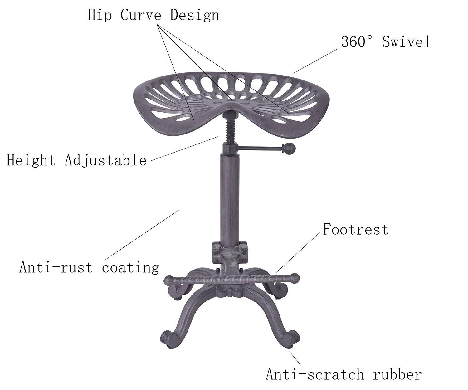 Rustic Industrial Farmhouse Adjustable Swivel Bar Stool - Cast Iron Tractor Seat Counter Height Stool for Kitchen Island, Home Bar & Dining Room - Vintage Style (Rust Finish)