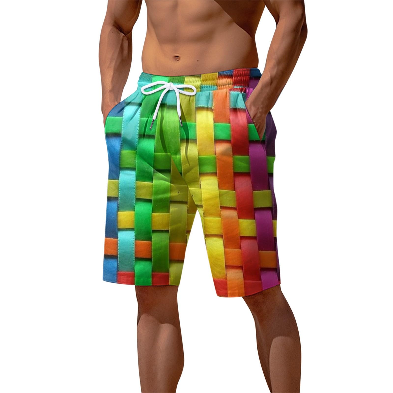 Men's Rainbow Color Beach Pants - Elastic Waist Drawstring Soft Breathable Summer Swim Trunks for Swimming, Surfing & Vacation Wear