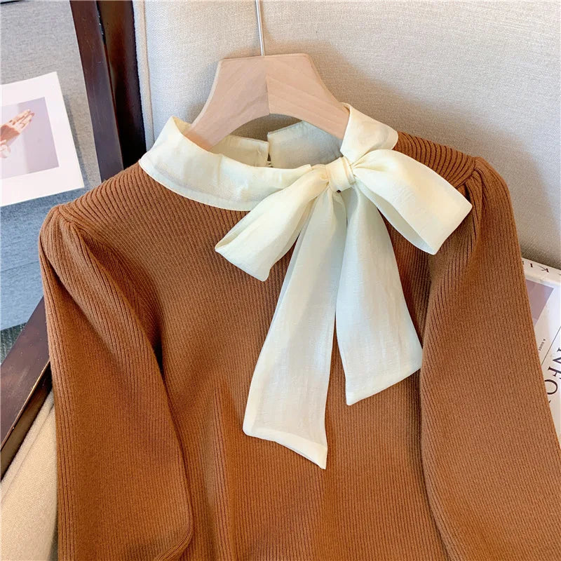Elegant Black Patchwork Bow Collar Women's Knit Sweater - Korean Chic Slim Fit Long Sleeve Pullover Top for Office Ladies | Fall Winter Fashion | Perfect for Work, Dating & Casual Outings