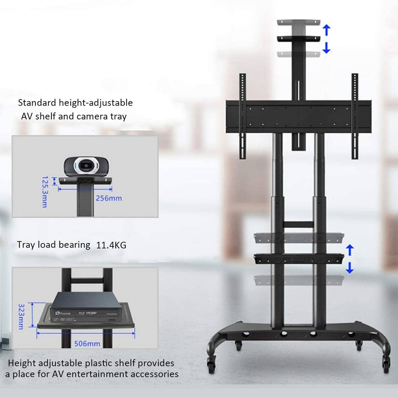 Heavy-Duty Rolling TV Stand for 55-85 Inch Screens - Mobile TV Cart with Wheels Supports 200 lbs for LCD/LED/OLED/Plasma Flat & Curved TVs - Adjustable Height AV Shelf & Camera Tray - Perfect for Living Rooms, Home Theaters, and Studio Setups