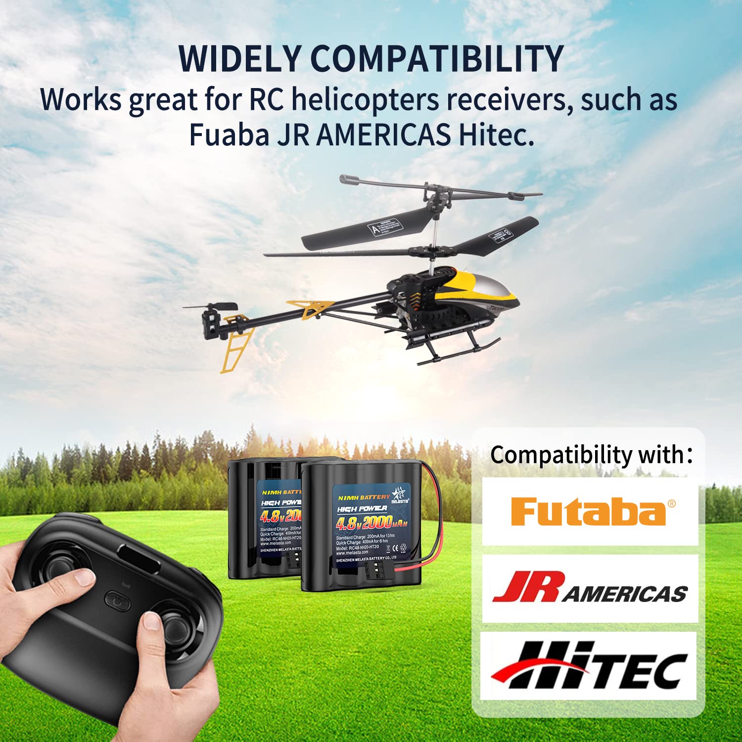 Melasta 2 Pack 4.8V 2000mAh NiMH RC Receiver Battery with Hitec Connectors - Compatible with Futaba RC Airplane Controllers & RC Aircrafts (Includes Tamiya to Hitec Plug, Both Female) - Perfect for RC Hobbyists, Drone Enthusiasts and Remote Control Aircraft Maintenance
