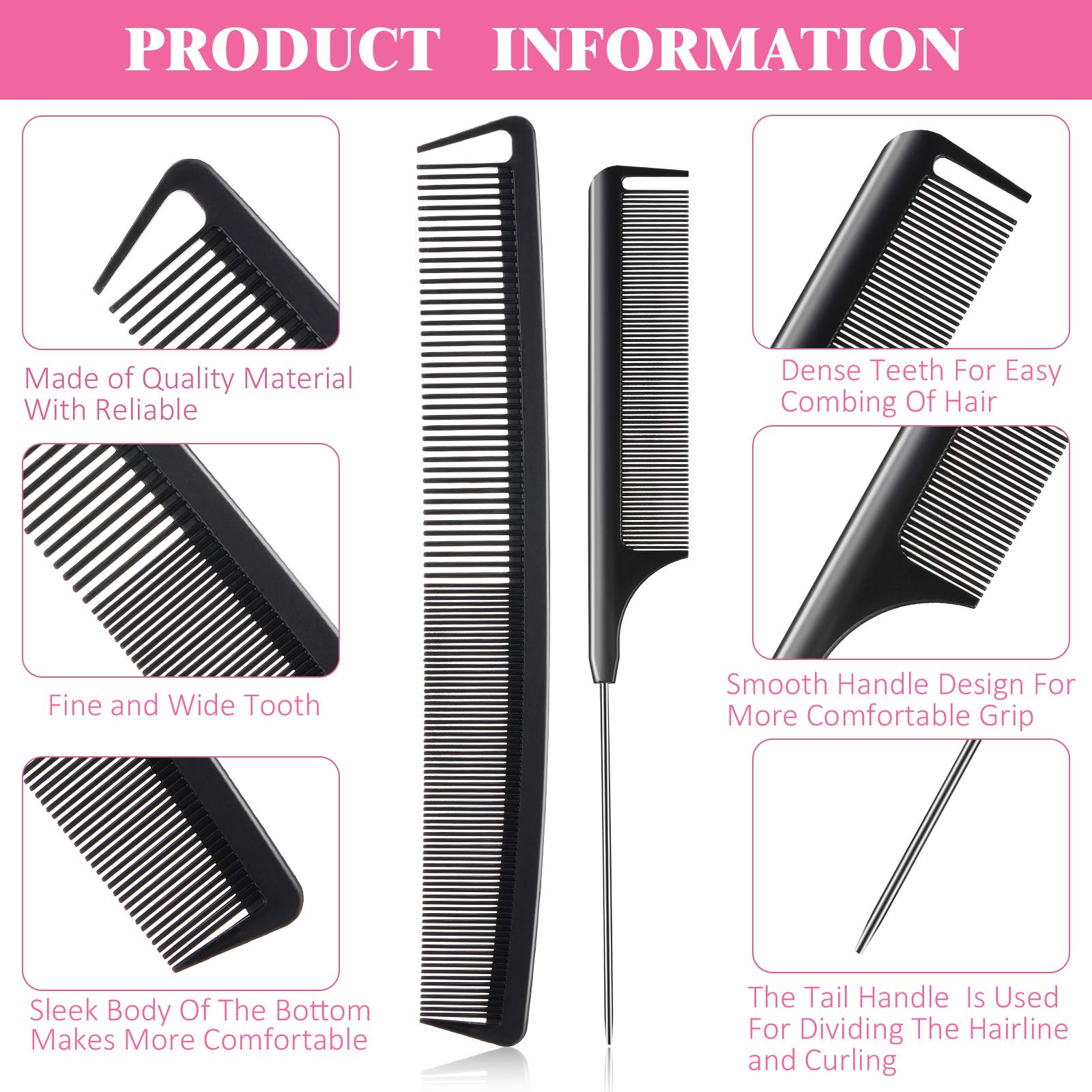 8-Piece Fine Tooth Rat Tail Combs for Women – Carbon Fiber Teasing & Styling Comb Set for Parting, Braiding, Cutting – Salon & Home Hairdressing Supplies (Black & Pink) – Perfect for Salon Stylists, DIY Haircuts & At-Home Hairstyling