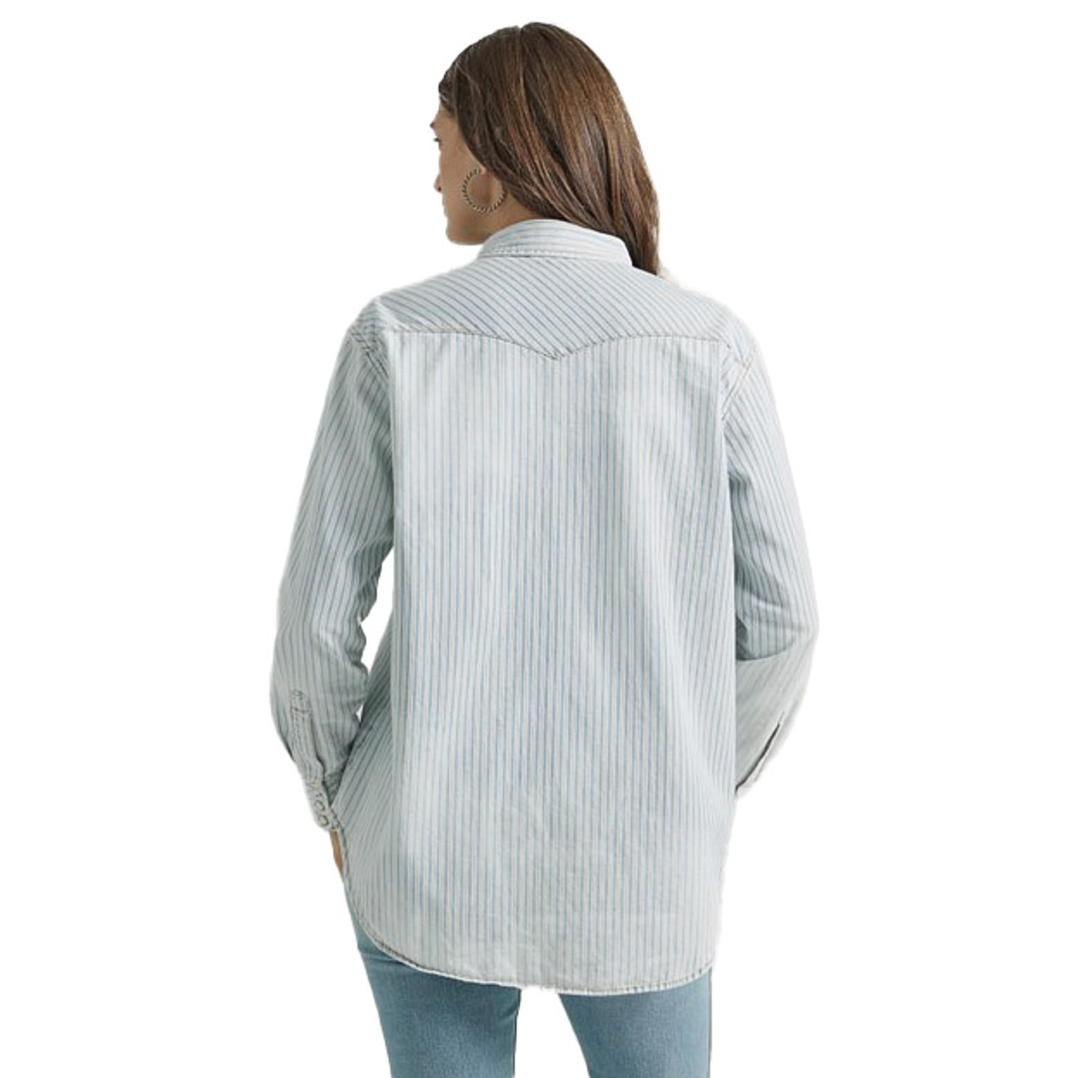 Wrangler Women's Vintage Denim Snap Button Shirt - Retro Striped Western Style for Casual Outfits & Country Music Festivals