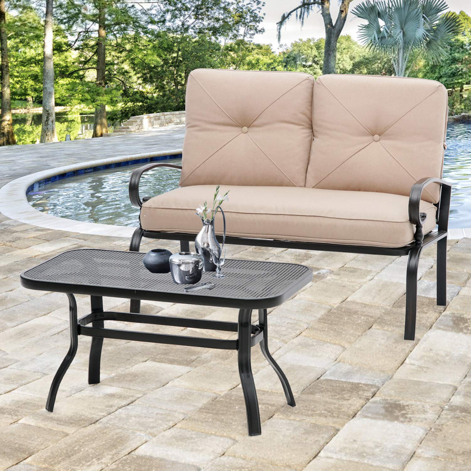 SUNCROWN 2-Piece Outdoor Patio Loveseat Set with Thick Cushions & Coffee Table - Steel Frame Bench for Garden, Balcony, Backyard (Brown) - Perfect for Relaxing, Entertaining, and Enjoying Outdoor Spaces