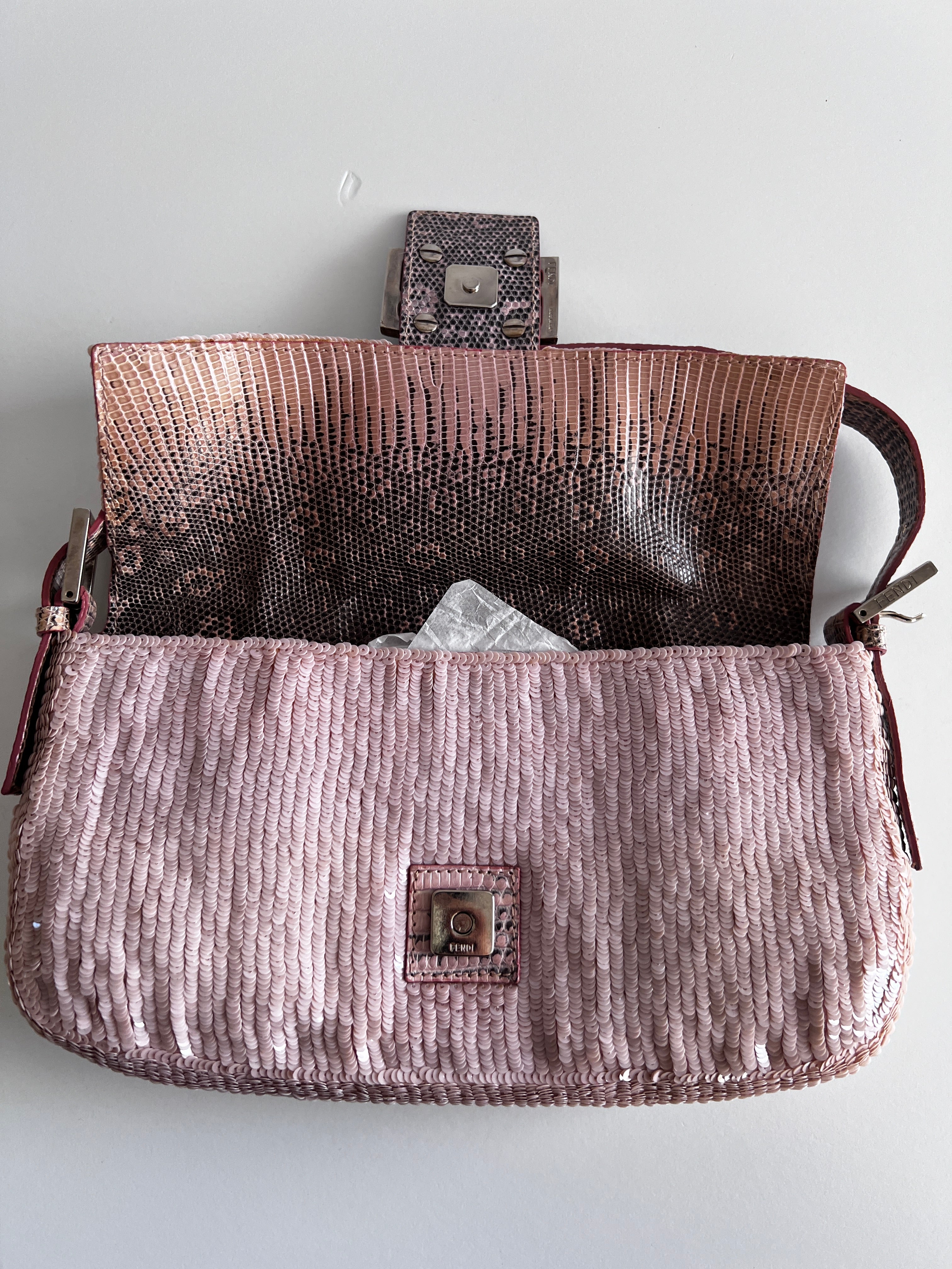 Vintage Fendi Sakura Pink Sequin Baguette Bag - Luxury Designer Shoulder Purse for Women, Perfect for Evening Parties & Special Occasions