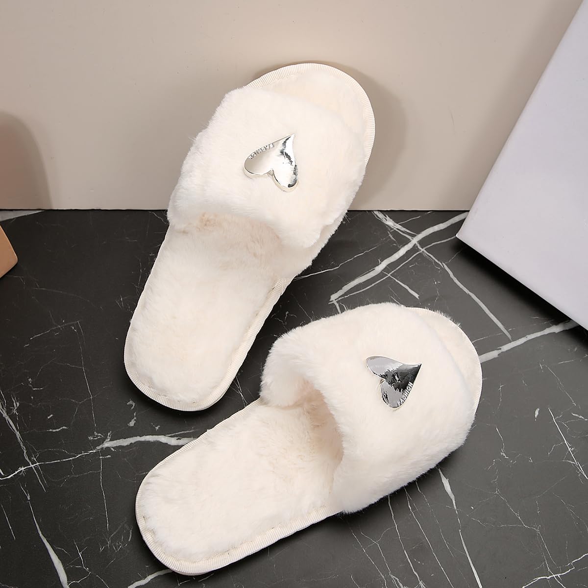 Women's Fuzzy Fluffy Slippers - Cozy Heart Design Open Toe House Slides for Indoor Comfort, Perfect for Brides & Home Relaxation | Ideal for Lounging, Spa Days & Wedding Preparations