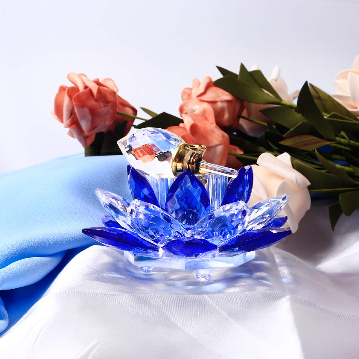 JQJ Blue Crystal Perfume Bottles - Elegant Empty Lotus Flower Figurine for Women | Perfect for Home Decor, Bathroom Accessories & Romantic Gifts